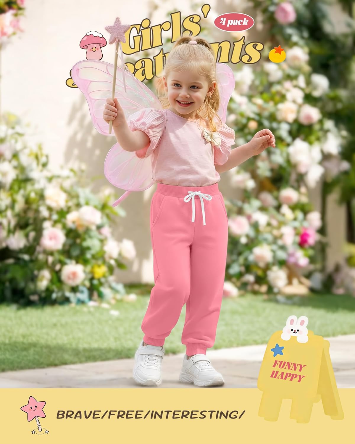 4 Pack Girls and Toddler Sweatpants Kids Athletic Spring Joggers Girls Summer Pull on Pants with Drawstring Pockets