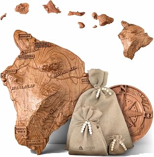 Hawaiian Islands Wooden Chain – Topographic Wall Art | Cherry Wood | Handmade by Dudar Wood Carving | 1.5–2m Long | 9 Pieces | Big Island 400×462mm | Nature-Inspired Decor Gift