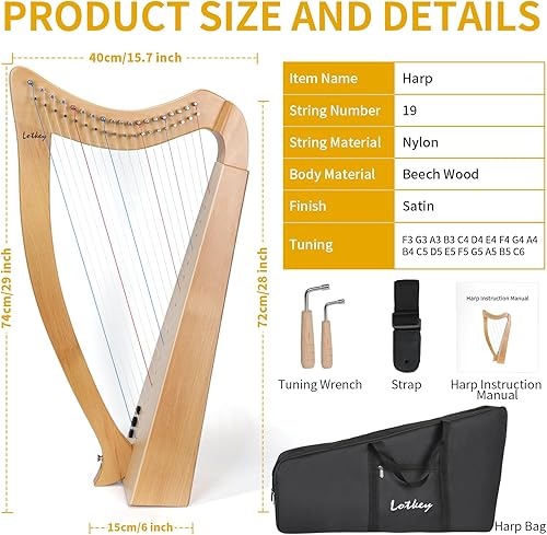 Miniatura 46 de Arpa de lira, Lotkey 23 cuerdas de metal, cuerpo de caoba y tablero de abeto sólido, arpa de lira con llave de afinación, cuerdas de extracción