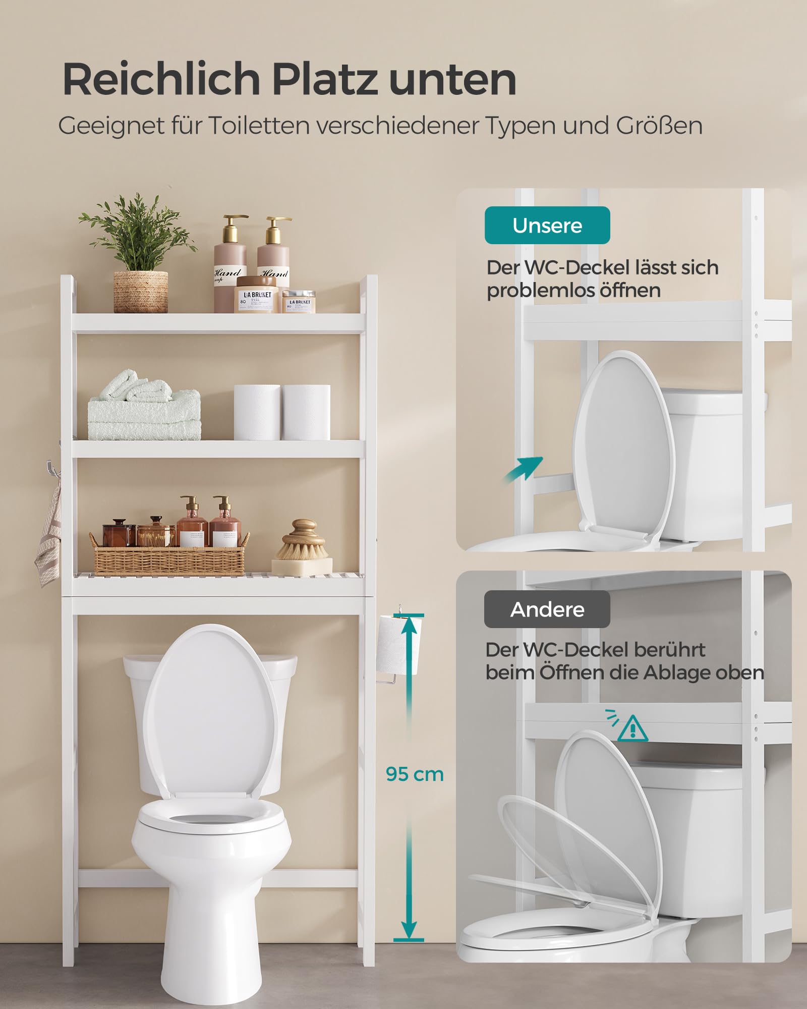 SONGMICS Badezimmerregal für über die Toilette, aus Bambus, 3 Ebenen, Organizer für das Badezimmer, mit verstellbaren Einlegeböden, Belastung 15 kg/Ebene, einfache Montage, Weiß BTS01WT