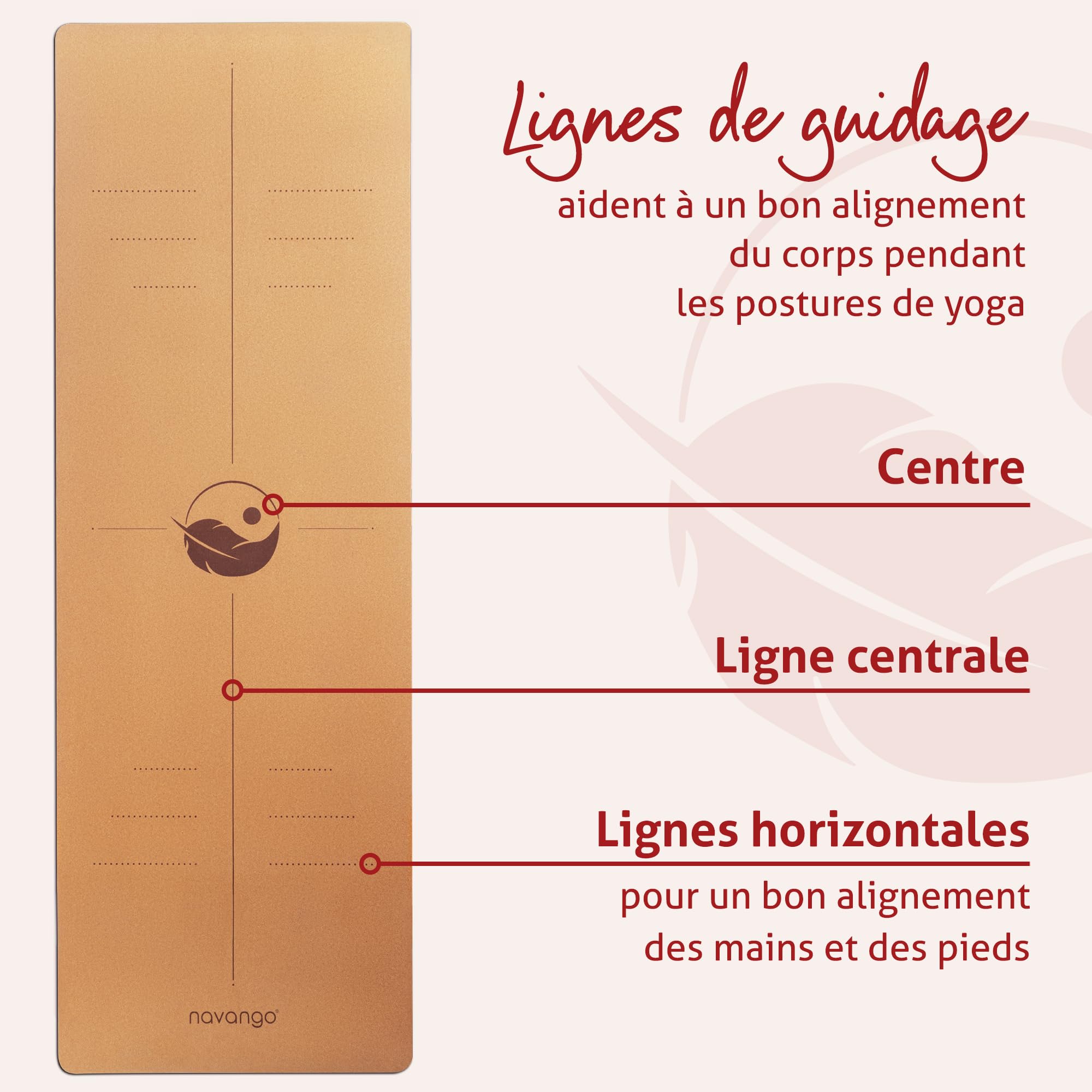 Tapis de Yoga en Liège Naturel Antidérapant 183x61cm 4mm avec Sangle de Transport Lignes d’Alignement