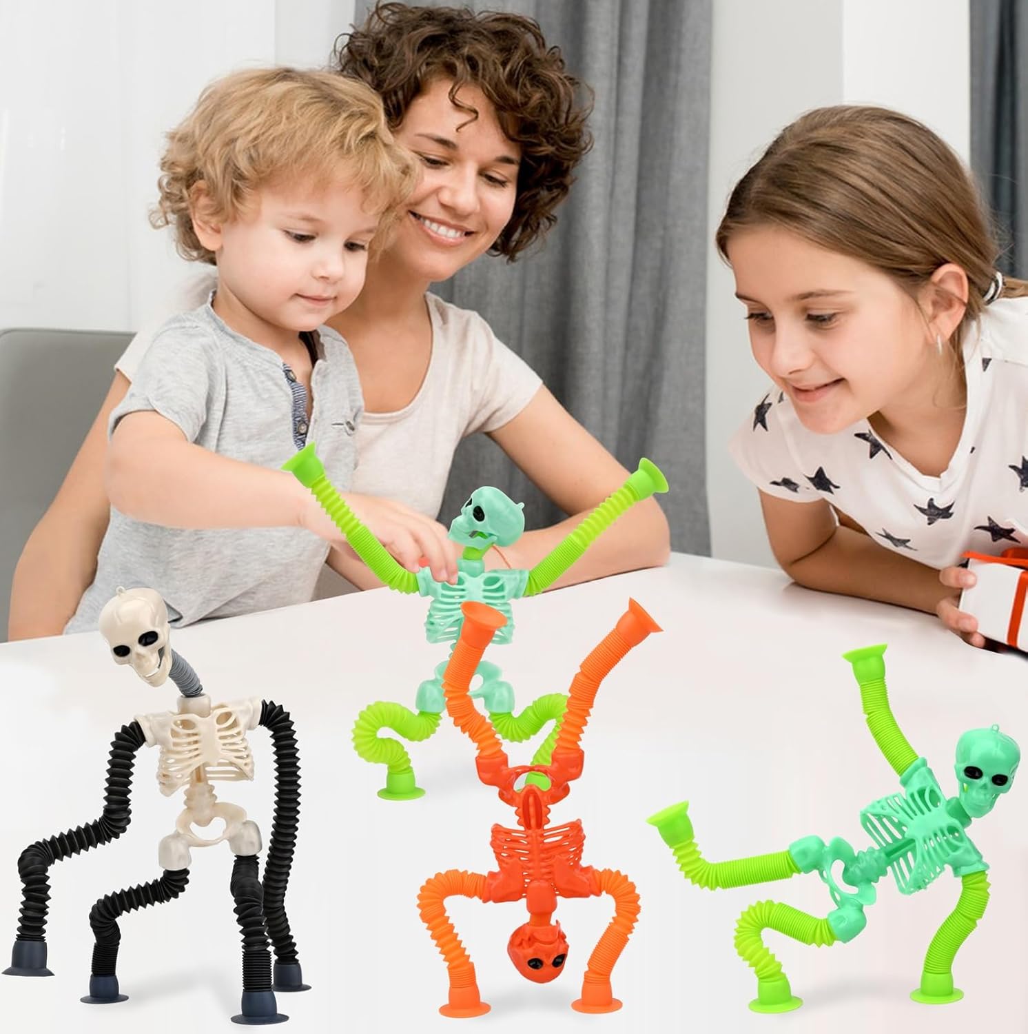 Halloween Pop Tubes Skeleton Fidget Toys for Kids, Telescopic Suction Cup Baby Toddlers Age 3-9 Fine Motor Skills, Gifts for 3 4 5 6 7 8 9 Year Old Boys Girls, 4 Pack