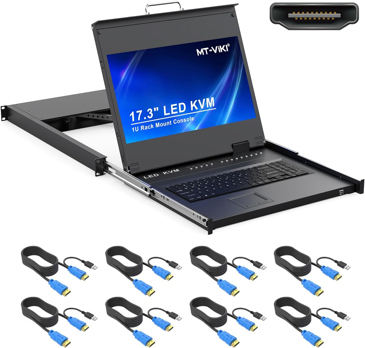 Rack Mount KVM HDMI with 17.3'' LCD Monitor, 1080P Support OSD/Hotkey, Included 8 KVM Cables+Keyboard + Touchpad, Fit 1U 19'' Rack