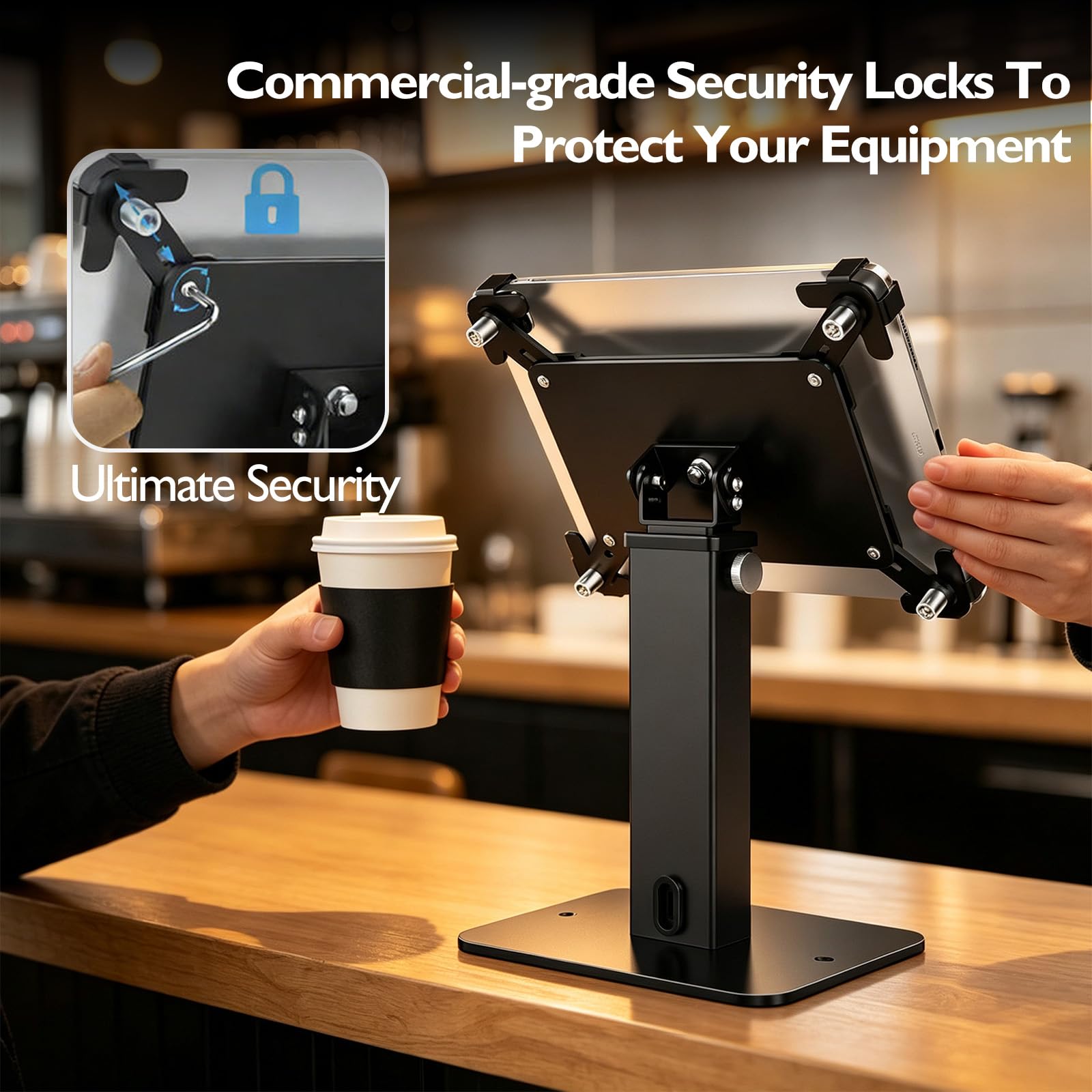 Supporto antifurto per iPad con base resistente, regolabile in altezza a 360°, supporto per tablet POS da scrivania, supporto di sicurezza in alluminio e acciaio, adatto per iPad e tablet da