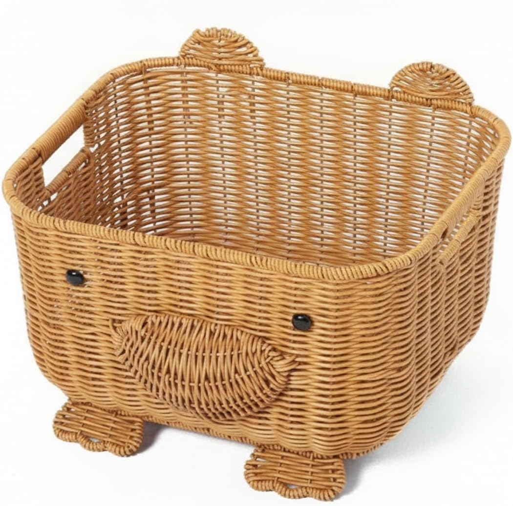 Home Organizers: Bear Shaped Open Storage Bin for Toys, Snacks, and Bathroom Essentials, Brown Plastic Basket