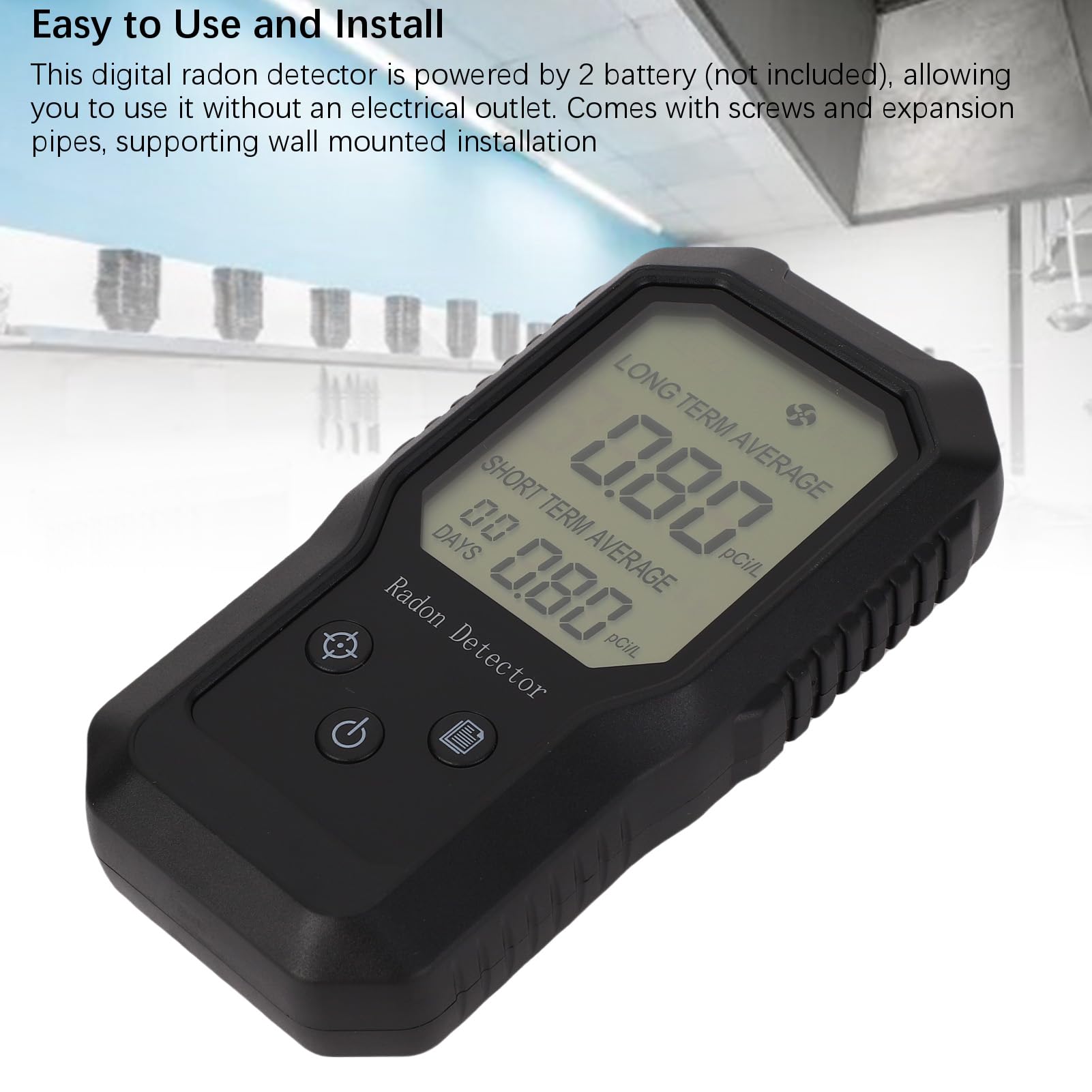 Rilevatore di Radon Digitale per la Casa, Tester Portatile per Gas Radon con Visualizzazione dei Risultati a Lungo e Breve Termine, Supporto a Parete con Precisione di 7 Giorni per Tunnel
