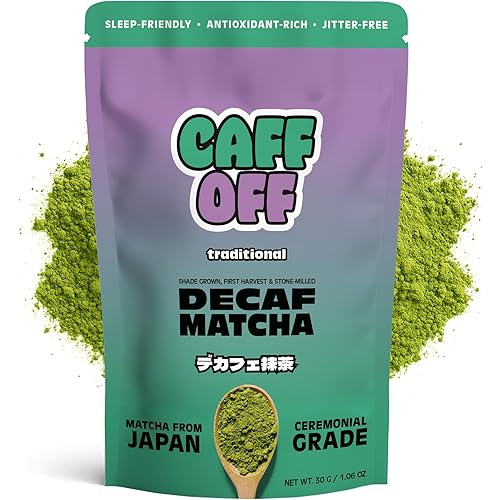 Caff Off Decaf Matcha Green Tea Powder From Japan – Small Premium Bag - 1.06 oz / 30 g – Ceremonial Grade – Naturally Decaffeinated Without Chemicals – Tested for Heavy Metals