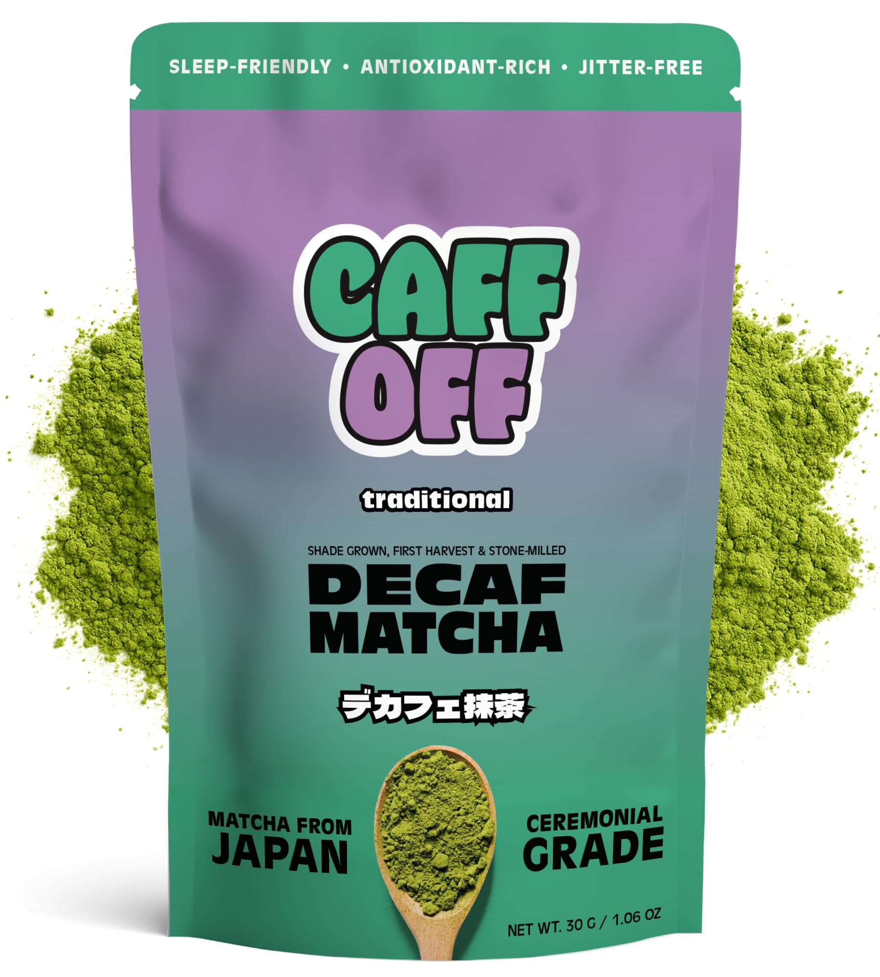 Caff Off Decaf Matcha Green Tea Powder From Japan – Small Premium Bag - 1.06 oz / 30 g – Ceremonial Grade – Naturally Decaffeinated Without Chemicals – Tested for Heavy Metals – First Harvest, Shade-Grown & Caffeine-Free Matcha Powder