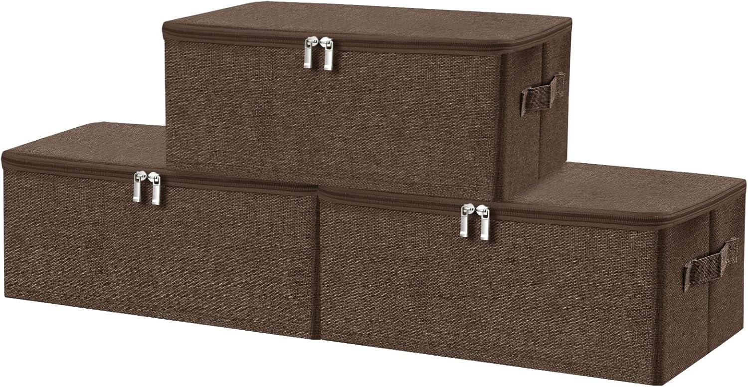 ANMINY 3PCS Storage Bins with Zipper Lids 13 Qt Lidded Fabric Storage Boxes Baskets Cubes with Handles Collapsible Washable Cotton Linen Closet Shelf Clothes Organizer Containers - Coffee, Small