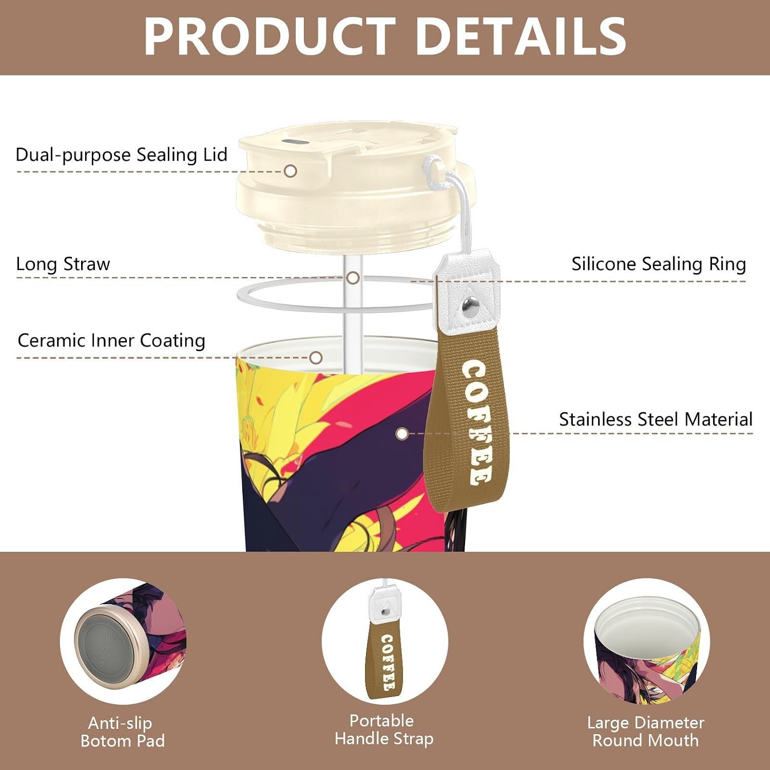 Insulated Coffee Mug Anime Woman Cool with Straw & Flip Lid, 16.9oz Iced Tumbler Cup, Double Wall Vacuum Mug for Travel Office Camping