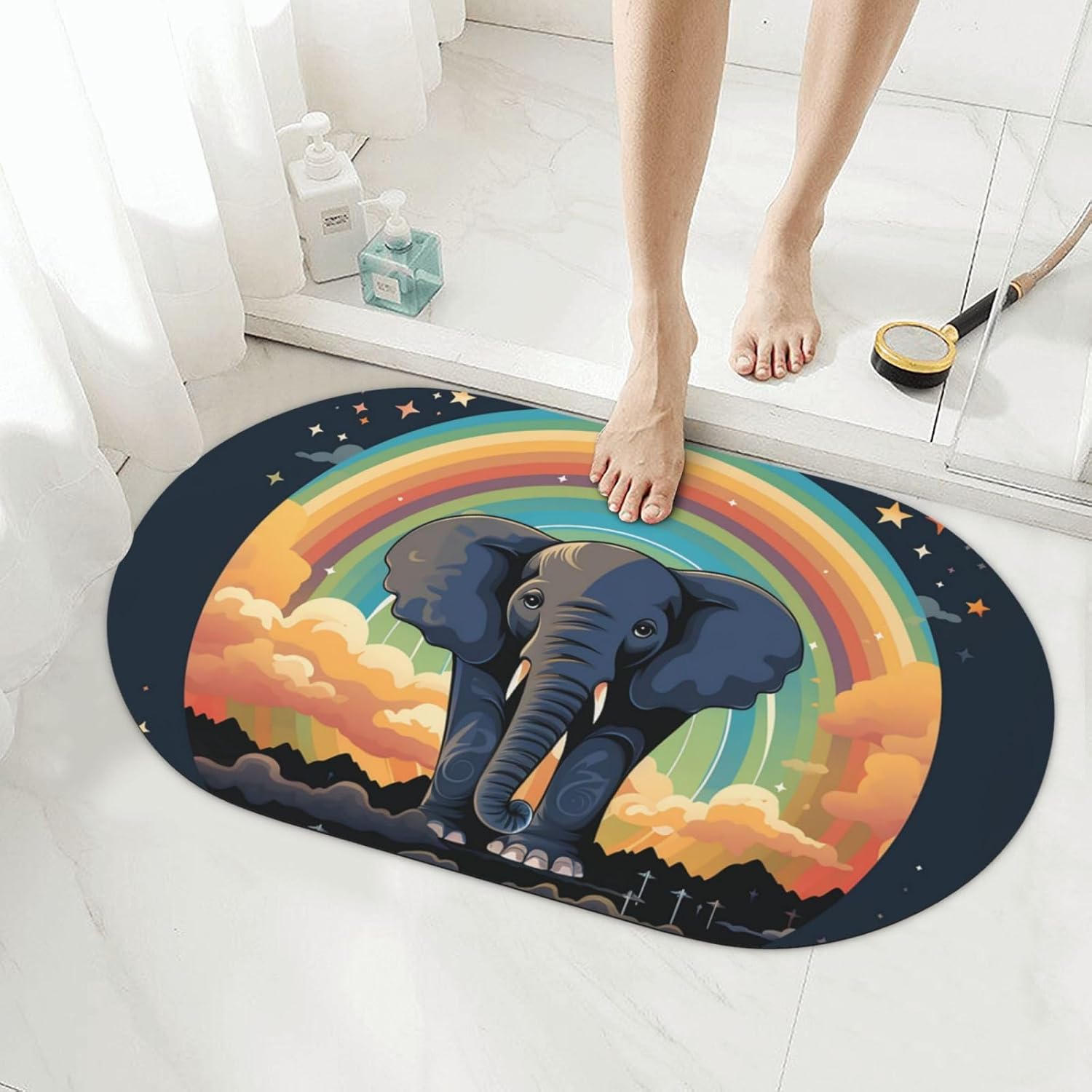 Stone Bath Mats Cute Elephant Rainbow Diatomaceous Earth Bath Mat Super Absorbent Bathroom Floor Mat Quick Drying Diatomite Shower Mat for Shower Bathtub Bathroom Accessory 19.7x31.5in