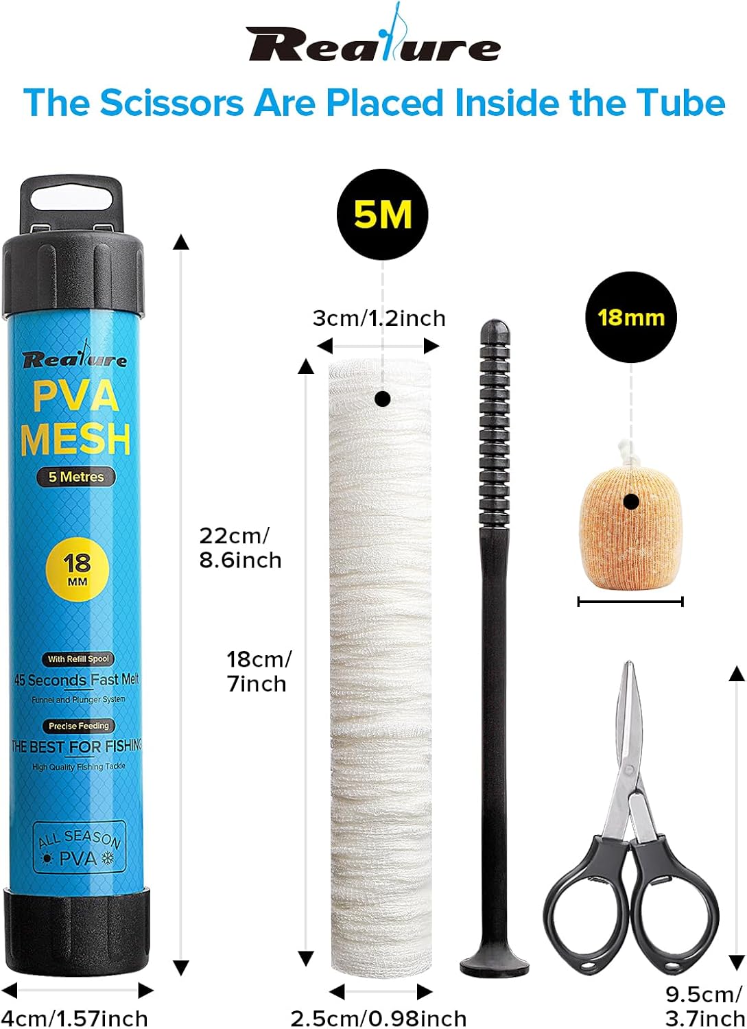 Realure PVA Mesh Kit, 5m, 18mm Wide, with Funnel, Plunger and Scissors, photo 2 of 9