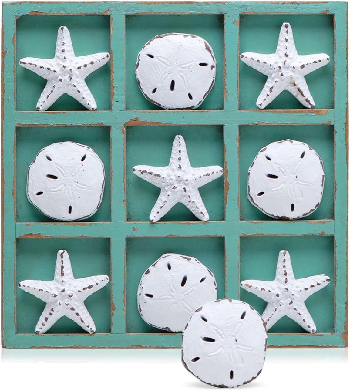 NIKKY HOME Beach Tic Tac Toe 5 "X's and 5 "O's Board Travel Wood Game for Kids Family Coastal Beach House Coffee Tables Decor, 8.98 by 8.98-in Rustic Teal
