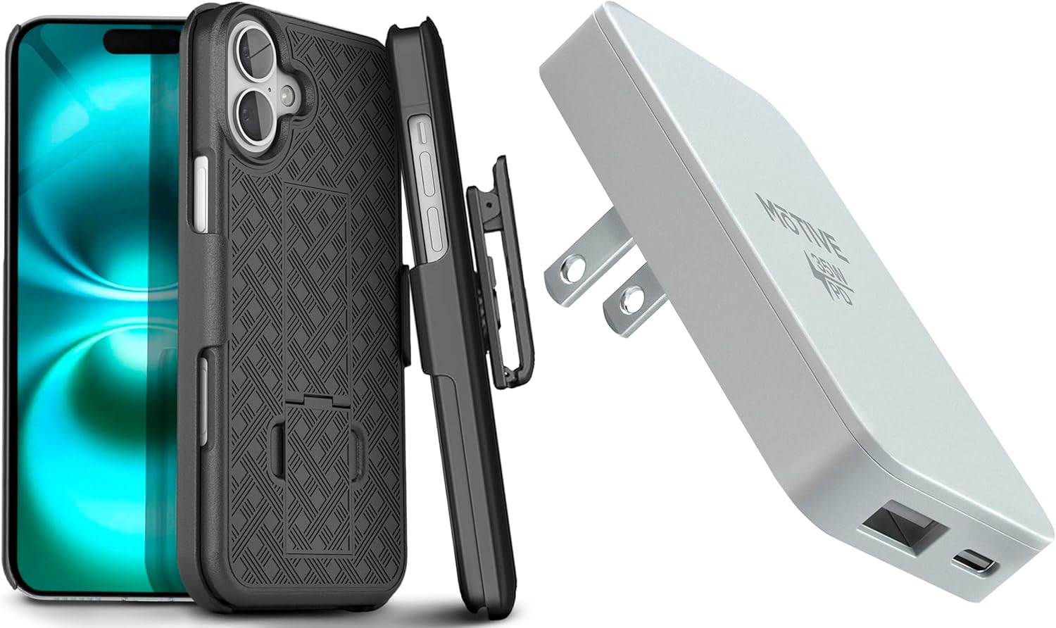 MOTIVE for iPhone 16 Holster Case & Flat Wall Charger 35W, Belt Clip Case for Apple iPhone 16, Super Fast Charger USB C & USB A