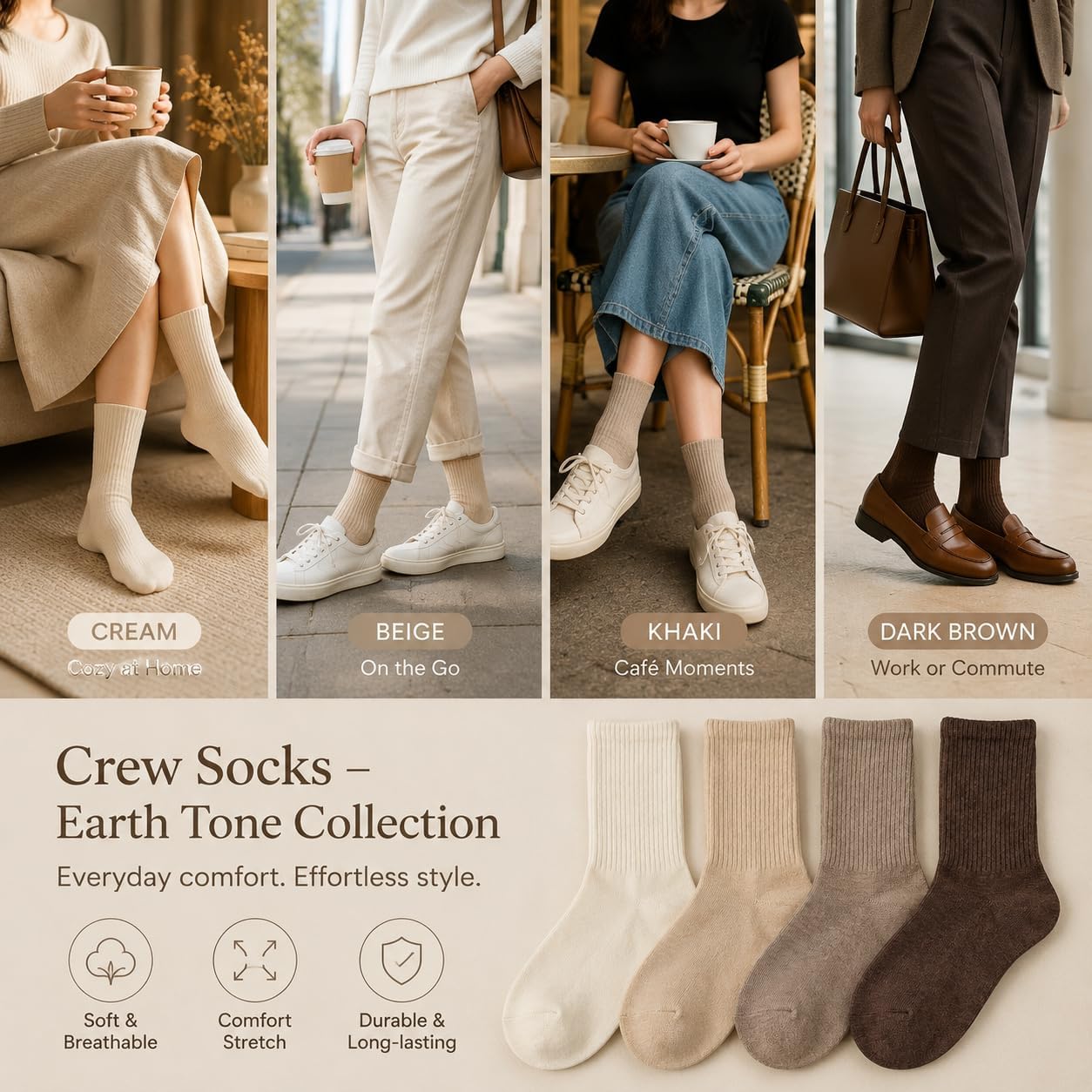 Women Lightweight Crew Socks, Soft Breathable Cotton, Hand-Linked Smooth Toe, Neutral Aesthetic Casual, Size 5-10