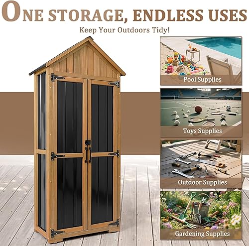 Miniatura 5 de Armario de almacenamiento para exteriores impermeable, cobertizo de almacenamiento al aire libre con estantes, madera y metal para patio, jardín,