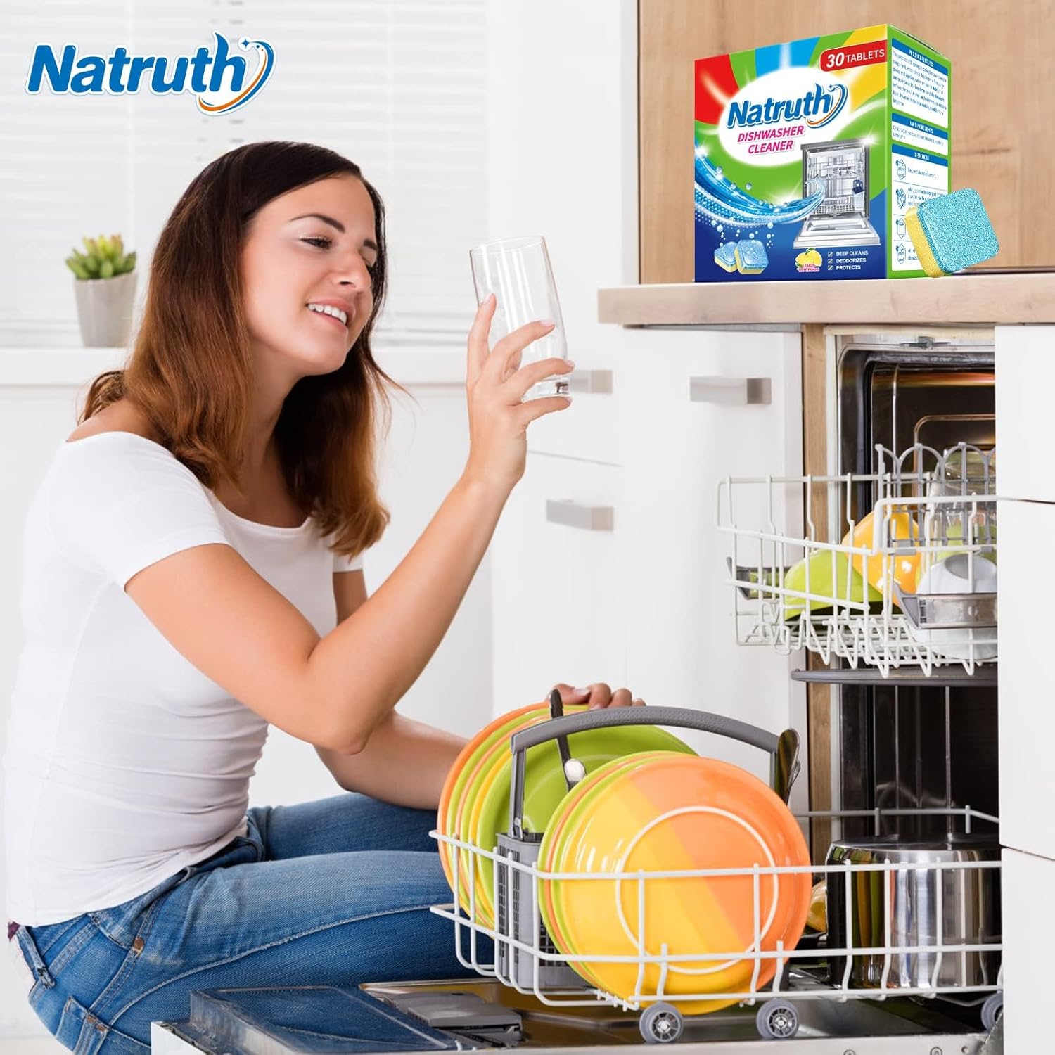 NATRUTH 30 Pack Dishwasher Cleaner Tablets Individually Wrapped,Deep Cleaning, Removes Grease & Limescale, Compatible with All DishWashing Machines