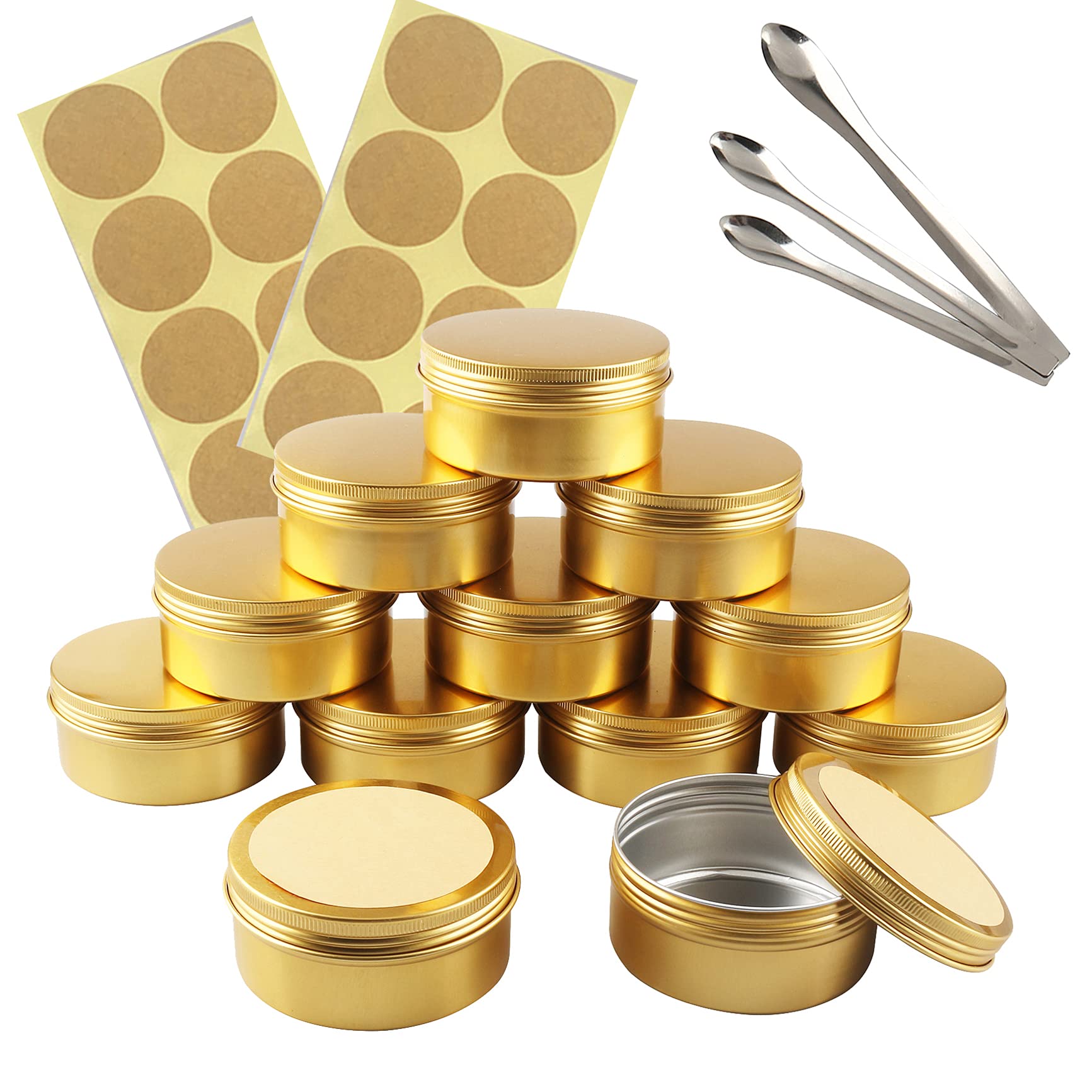 TIANZD 24 Pieces 150 ml Empty Gold Round Aluminum Tin Jars with Screw Lids Cosmetics Lip Balm Containers Pots for DIY Candle Salve Salt Powder Crafts Storage Cans with 3x Spoon, 24x Labels