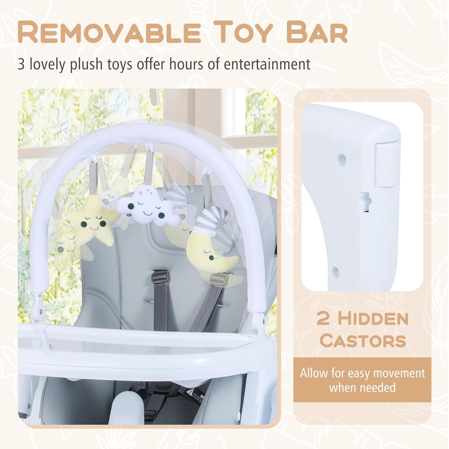 HONEY JOY Baby High Chair with Wheels, Foldable & Self-Stand Feeding Chair w/Toy Bar, Removable Cushion & Tray, Adjustable Heights & Recline Seat, Portable Highchair for Babies & Toddlers (Gray)