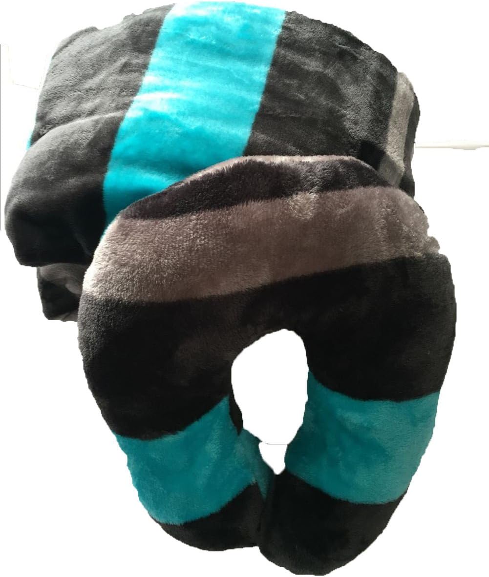 Travel Pill and Blanket Set - Crashed Memory Foam Neck Pillow with Washable Flannel Blanket - Steel Wire Bag Package(5163, Blue & Black Stripes)