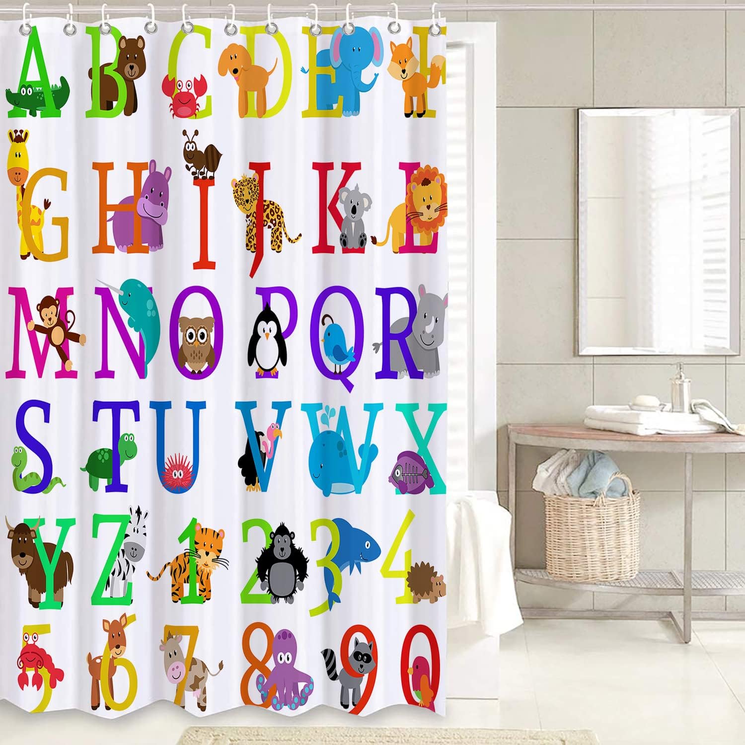 Cartoon Animal Alphabet Shower Curtain Sets, 4 Pcs Kids Educational Graphic ABC Learning Shower Curtain for Bath Curtain Set with Rugs,Cartoon Fun Facts Geography, with 12 Hooks(72X72in)