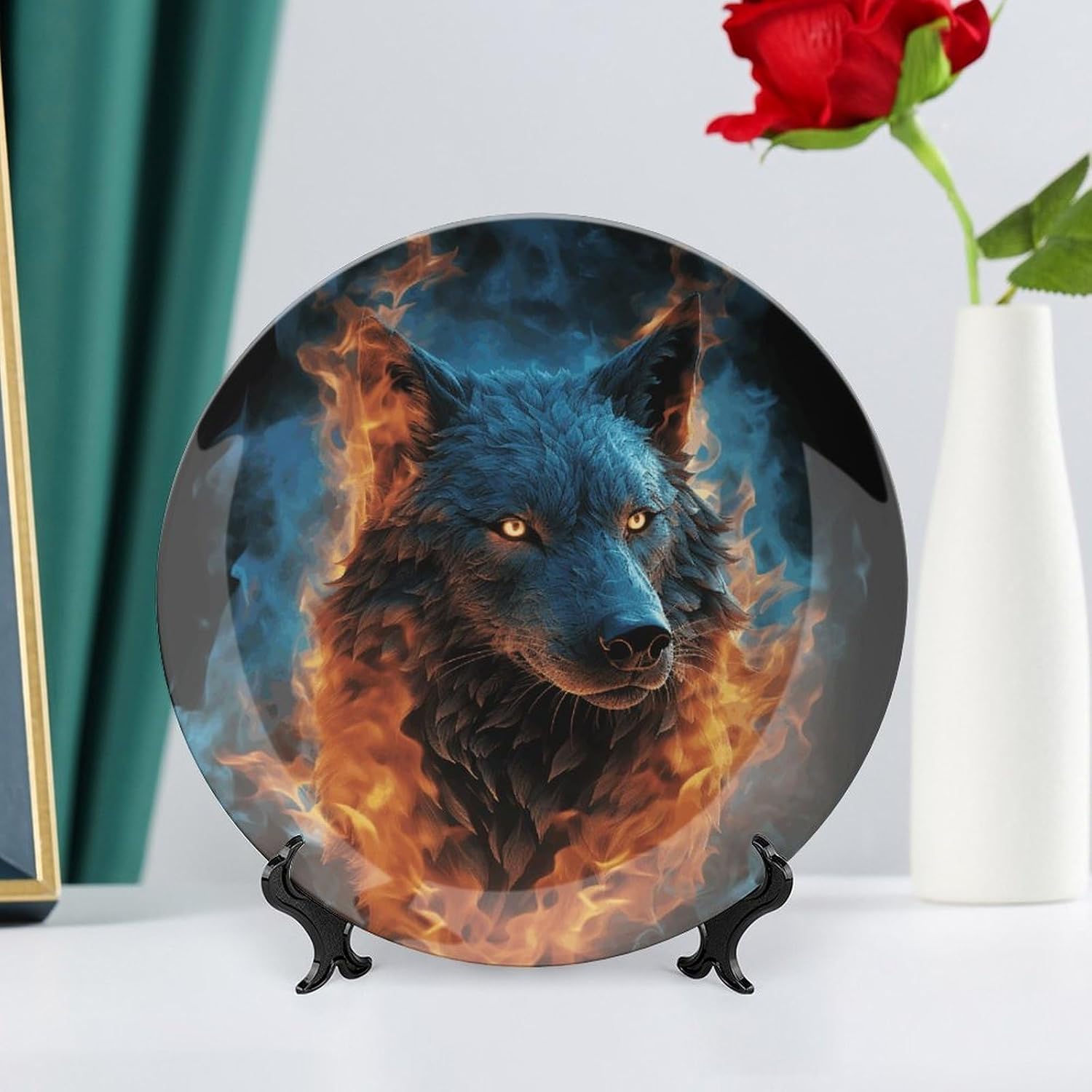 Wolf Head in Blue Flames Decorative Plates for Display Personalized Bone China Plates Home Wobble-Plate with Display Stand Hanging Decorative Plate Wall Or Table Decor