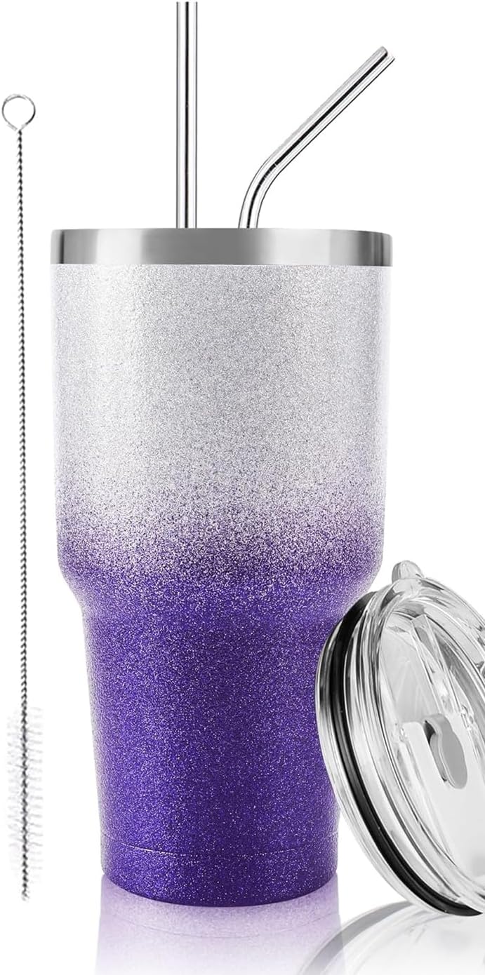 D·S 30 oz Tumbler Purple Glitter Gradient Cup Stainless Steel Double Wall Vacuum Insulated Mug with Straw and Lid, Cleaning Brush for Cold and Hot Beverages