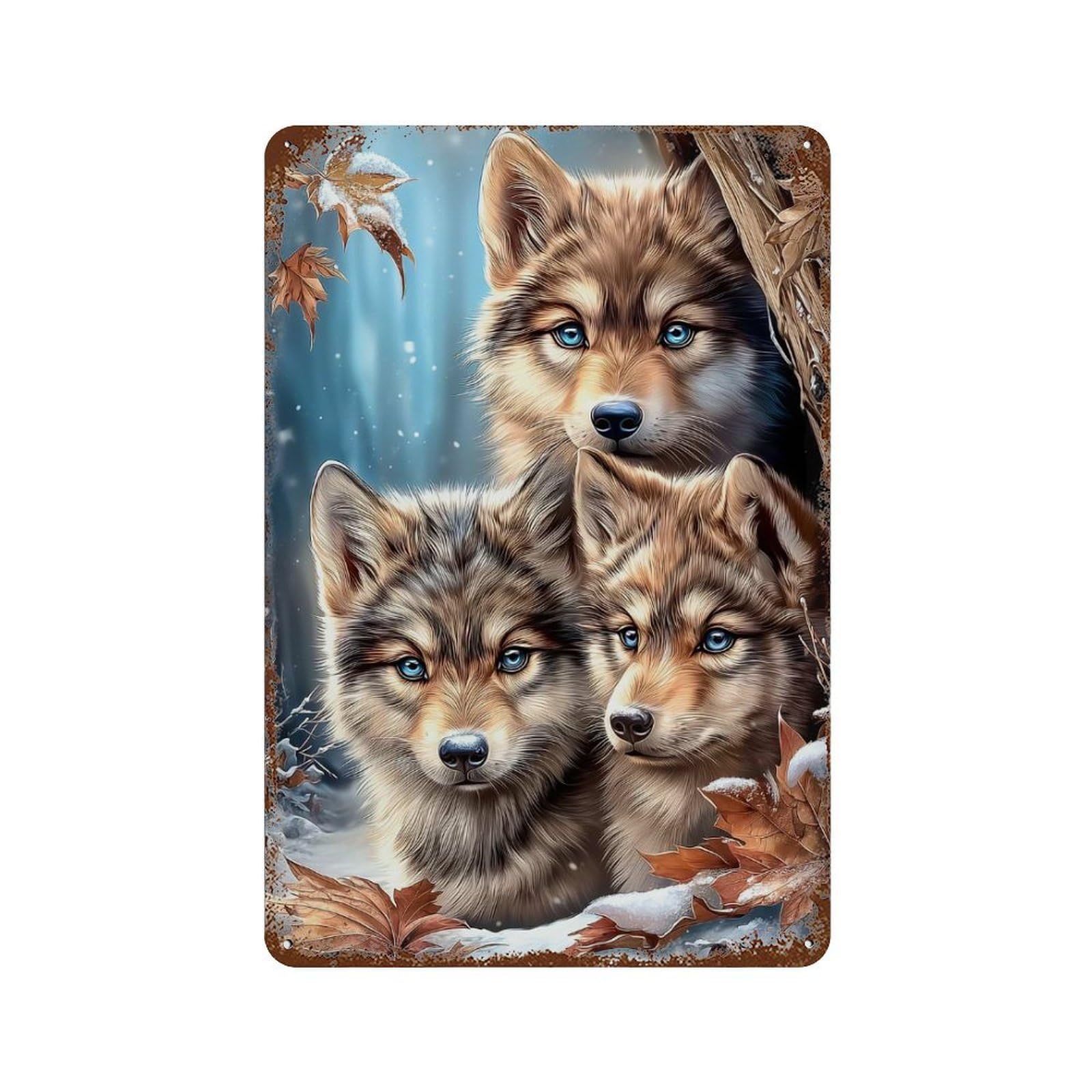 Three Wolves in Winter Forest Rust Effect Tin Sign 11.8"x7.9", for Bistro, Counter And Cafe Decor, Decorative Metal Wall Art