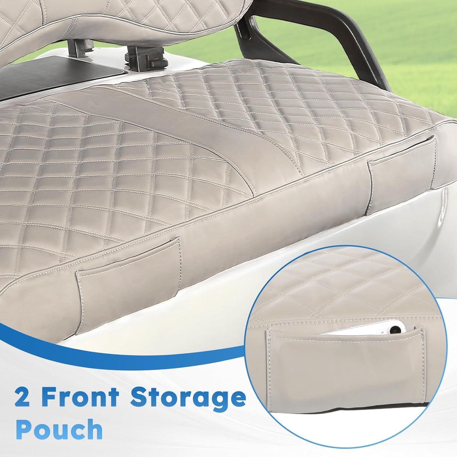 Golf Cart Seat Covers Fit for Yamaha G29/Drive2 Standard Front Seat Cushion,Vinyl Leather Yamaha Seat Cover Retractable Buckle Drawstring Storage Pouch,No Stapler Needed Replacement Seat Cover(Beige)