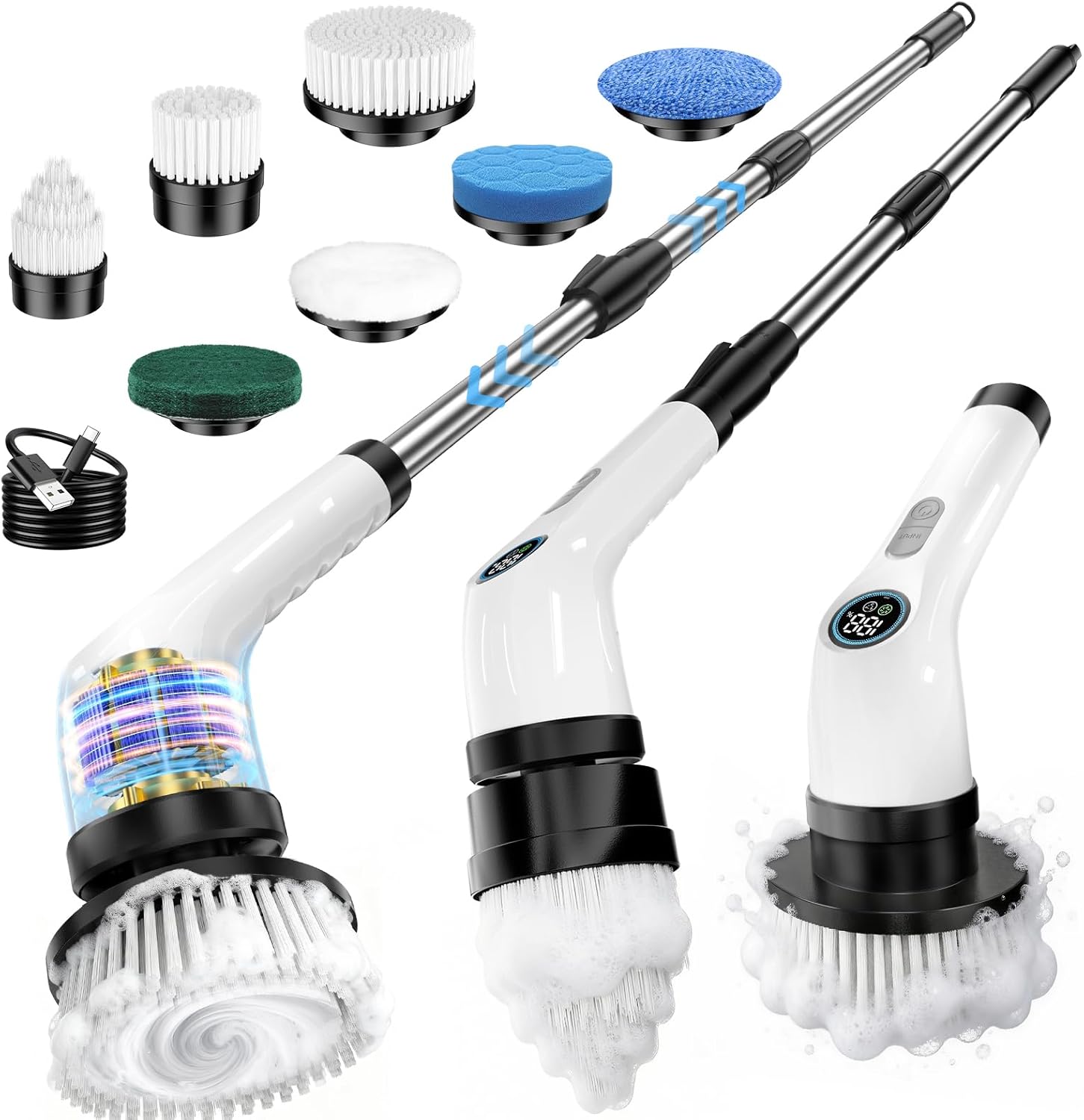 Electric Spin Scrubber, Rechargeable with Upgraded Battery & Extended Runtime, IPX7 Cleaning Brush, 3000mAh Battery 7 Brush Heads 2-Speed Adjustable Long Handle for Bathroom & Tile Floor Cleaning