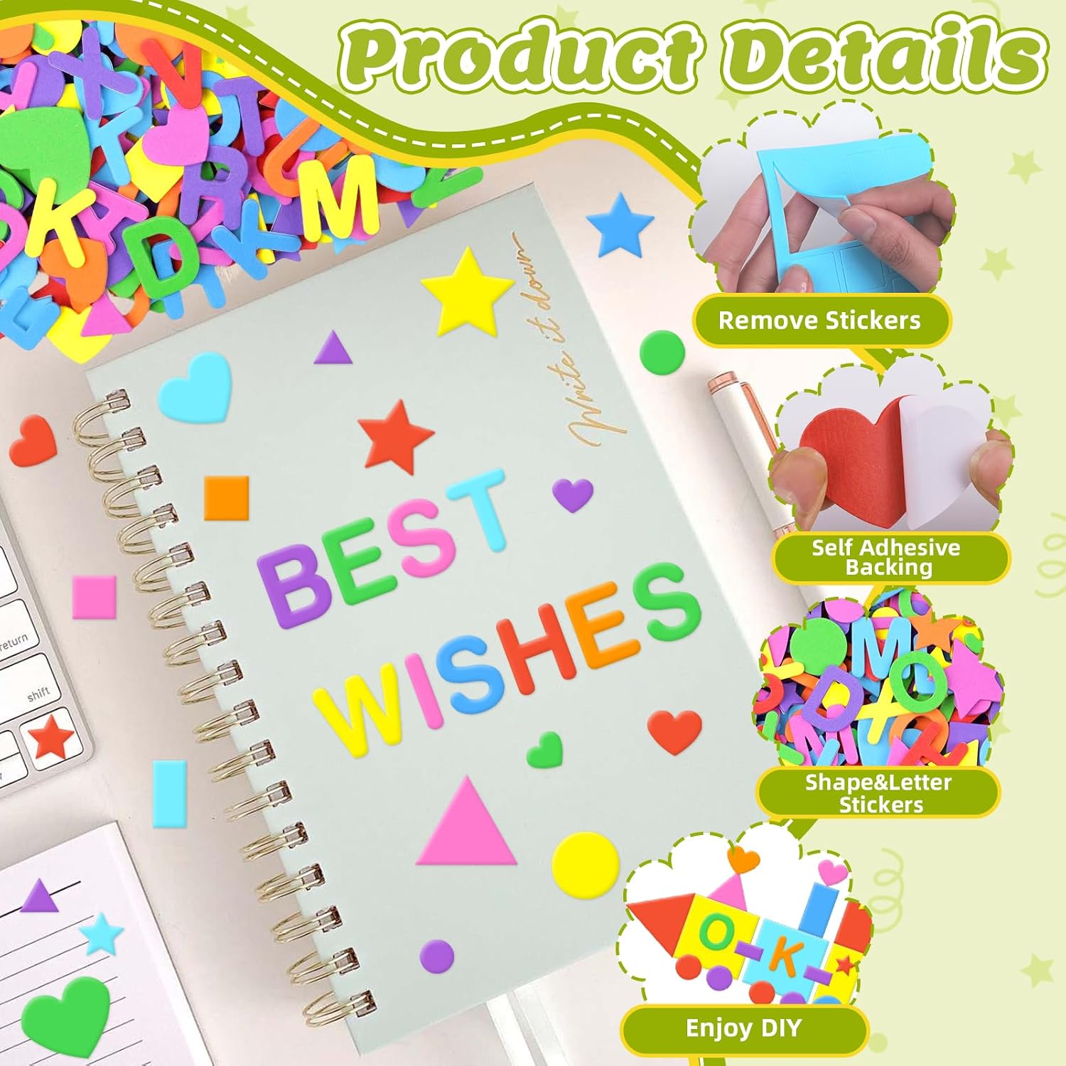 2976Pcs Foam Stickers,8Colors Foam Shape Letter Stickers for Crafts Self Adhesive Alphabet Sticker for Classroom Project Heart Star Sticker for School Project Home Party Decor Scrapbook(32,Colorful)