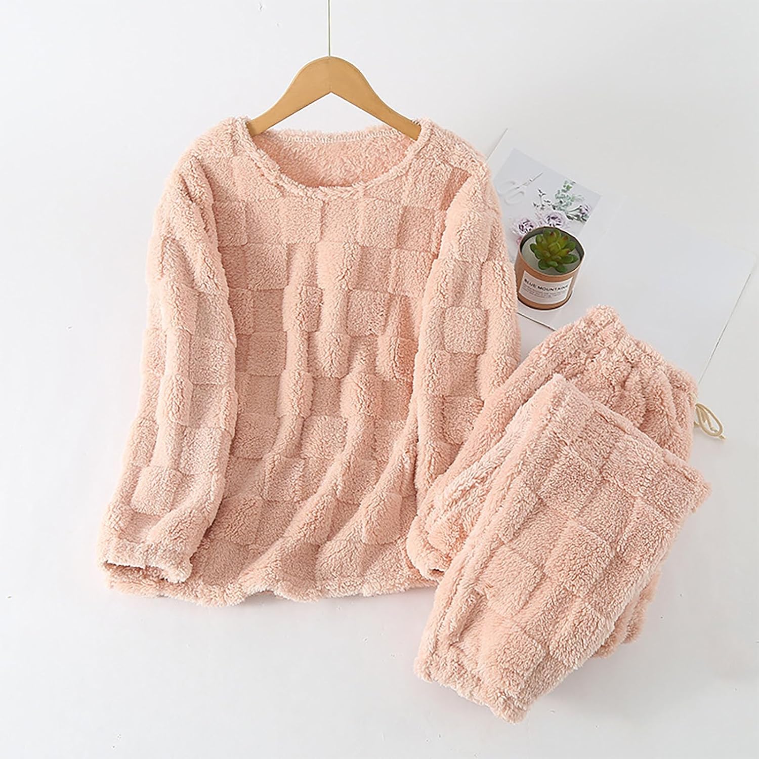 Fuzzy Pajamas Set for Women Winter Warm Fluffy Loungewear Soft Sherpa Fleece Pjs 2 Piece Plush Sleepwear Lounge Sets