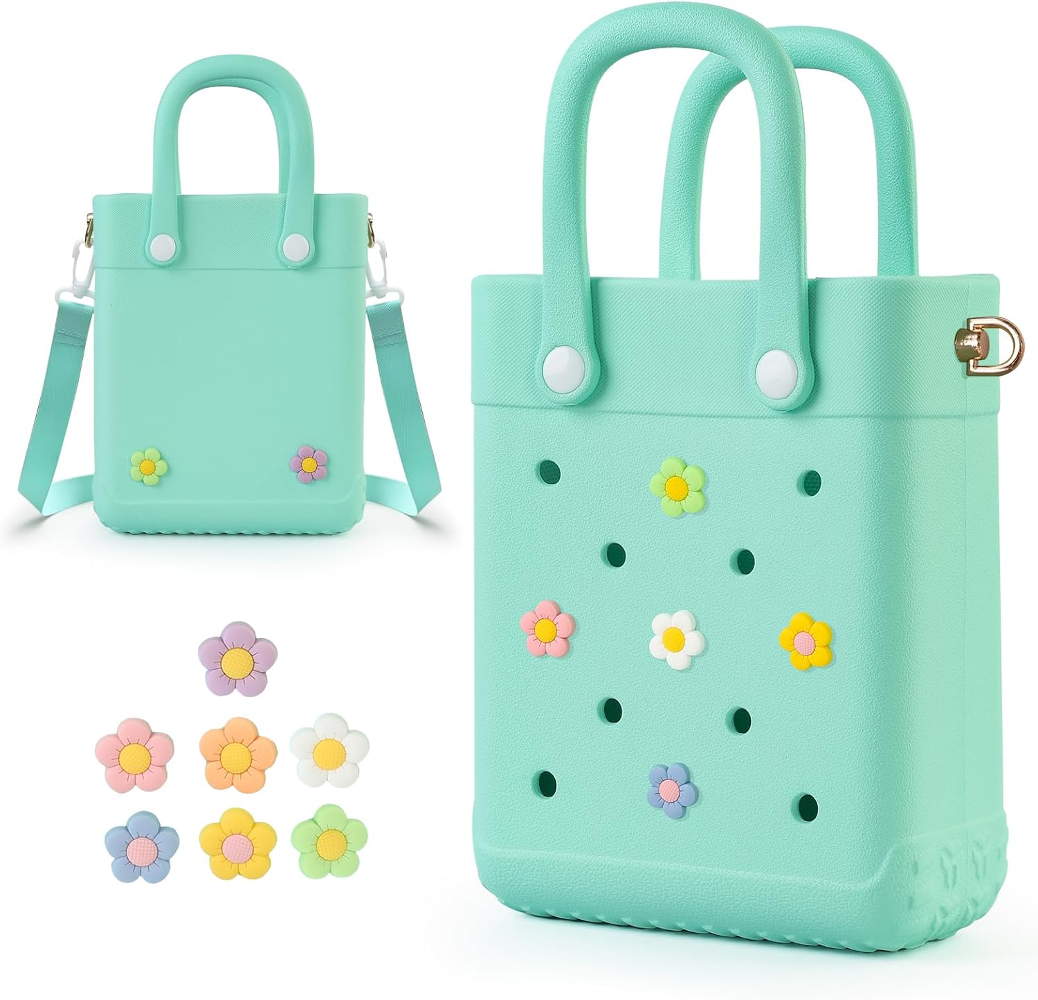 Mini Rubber Tote Bag with 7 Charms X-Small Waterproof EVA Beach Bag for Little Girls & Women Pool Crossbody | with 7 Charms, X-Small