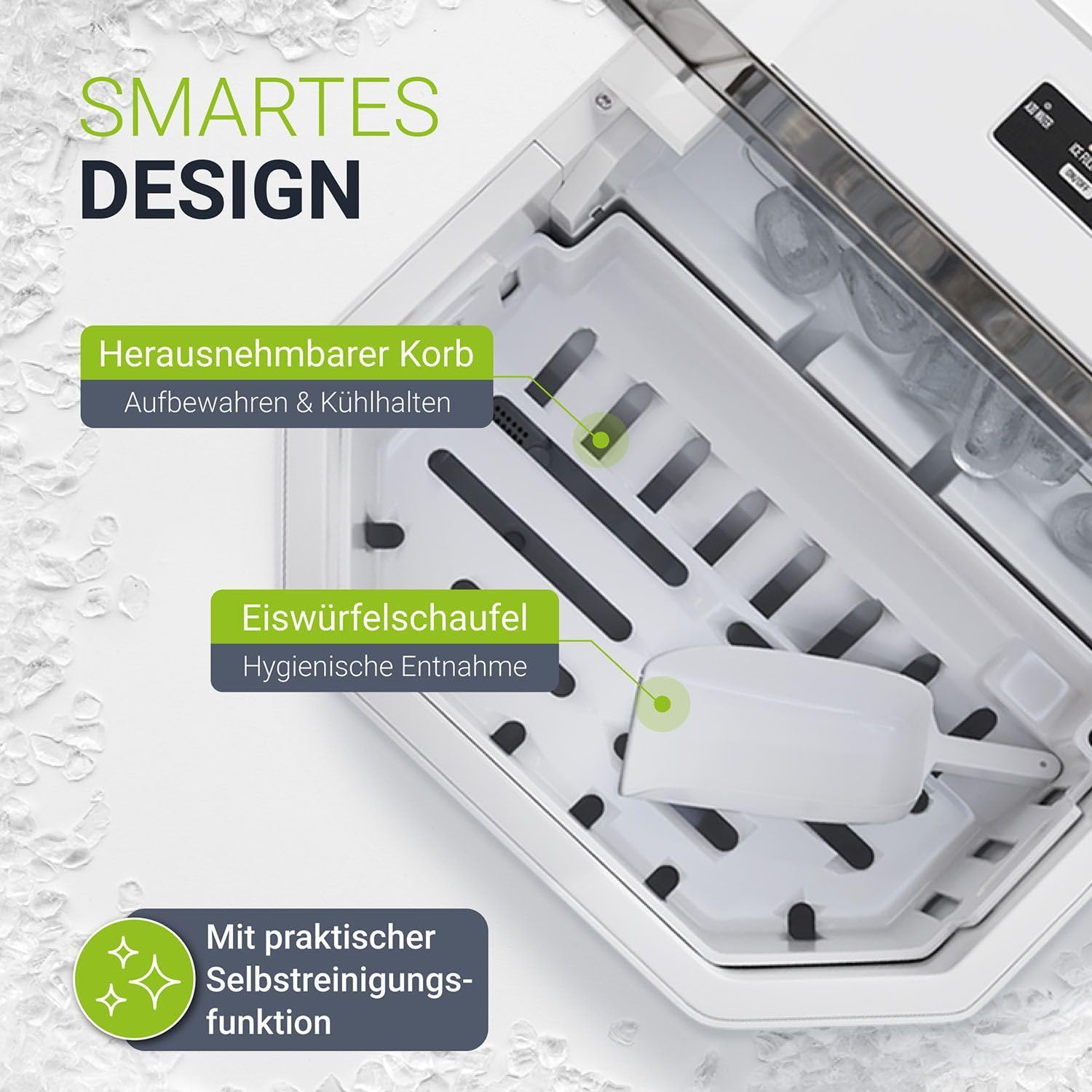 Juskys IceOracle Ice Maker showing removable ice basket and ice scoop