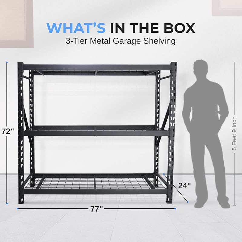 SereneLife Heavy Duty 3-Tier Metal Garage Shelving | 24" x 77" x 72" Extra Wide Adjustable Storage Utility | Freestanding Bulk Storage Rack | Open Wire Mesh Design | 2000 lbs. Capacity