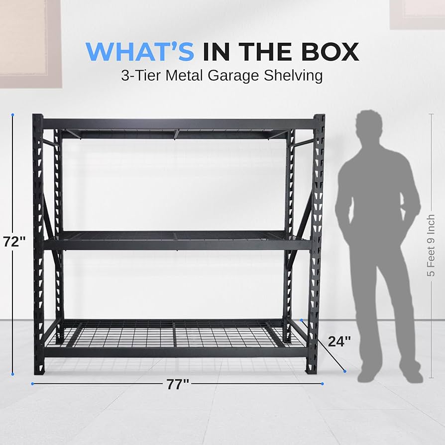 SereneLife Heavy Duty 3-Tier Metal Garage Shelving | 24