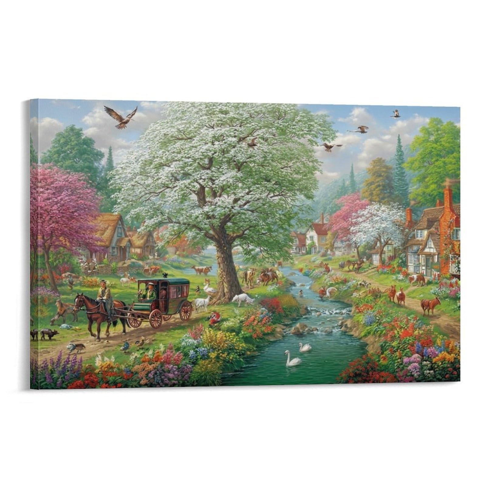 CPLVKWRQJ Spring Village Scene Individual Old Carriage Village Stream Spring Painting Framed Canvas Art - Living Room Focal Point Fade Resistant Gallery Wall Decor 16x24inch(40x60cm)