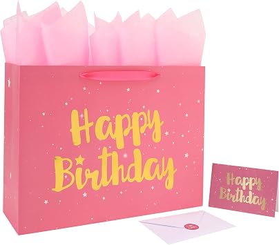 Qirrmiy 16.5 Extra Large Pink Happy Birthday Gift Bag Set with Handles, Greeting Card, Tissue Papers and Stickers for Women Girls Kids, Stars Design, 1 Pcs.