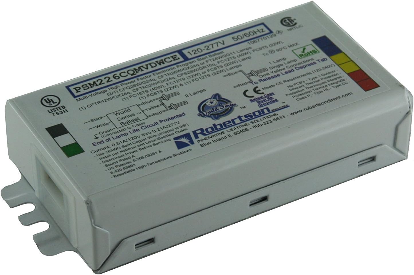 Robertson PSM226CQMVDWCE CFL Ballast (3P20145) – 1 or 2 Lamp 26W Compact Fluorescent Electronic Ballast, 120–277V, Programmed Start for CFQ26W/G24q lamps. Supports CFL lamps from 22W to 42W (Qty 1 ea)