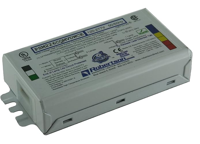 Robertson PSM226CQMVDWCE CFL Ballast (3P20145) – 1 or 2 Lamp 26W Compact Fluorescent Electronic Ballast, 120–277V, Programmed Start for CFQ26W/G24q lamps. Supports CFL lamps from 22W to 42W (Qty 1 ea)