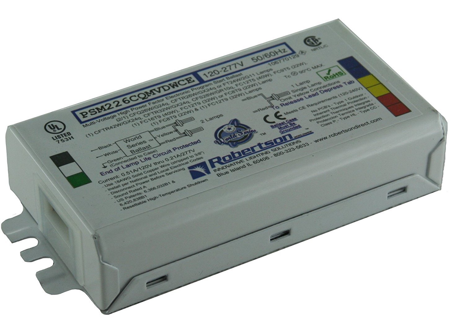 Robertson PSM226CQMVDWCE CFL Ballast (3P20145) – 1 or 2 Lamp 26W Compact Fluorescent Electronic Ballast, 120–277V, Programmed Start for CFQ26W/G24q lamps. Supports CFL lamps from 22W to 42W (Qty 1 ea)