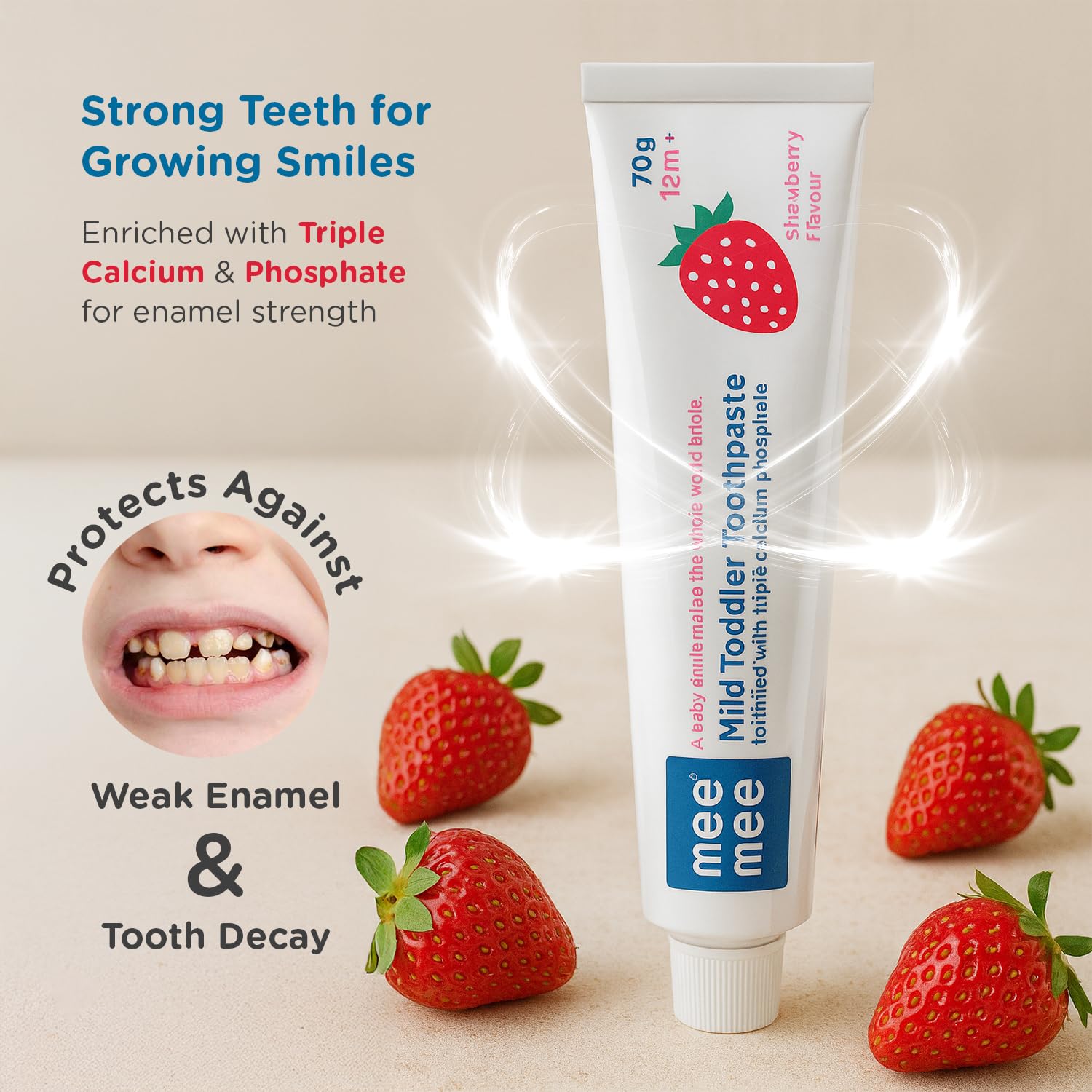 Mee Mee Kids Toothbrush & Toothpaste Combo | For Babies & Toddlers (6 Months–3 Years) | Fluoride-Free, Safe to Swallow, Strawberry Flavour, Soft Bristles, Foldable Car-Shaped Brush (Blue) 3