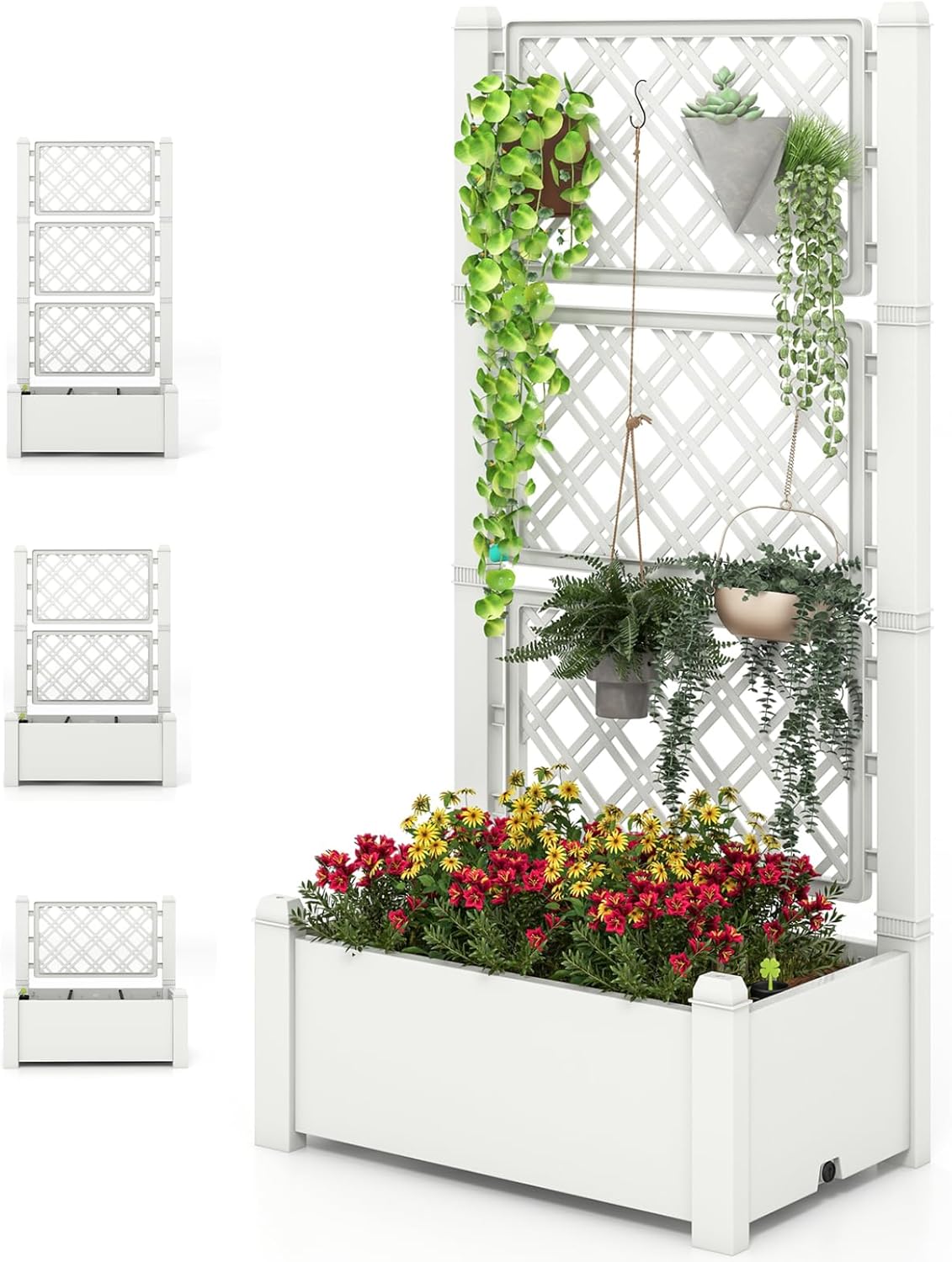 GiantexUK Garden Planter with Adjustable Trellis, Raised Garden Bed with Self-watering System & Water Level Indicator, Elevated Flower Pots Planting Box for Climbing Plants Vegetables Herbs (White)