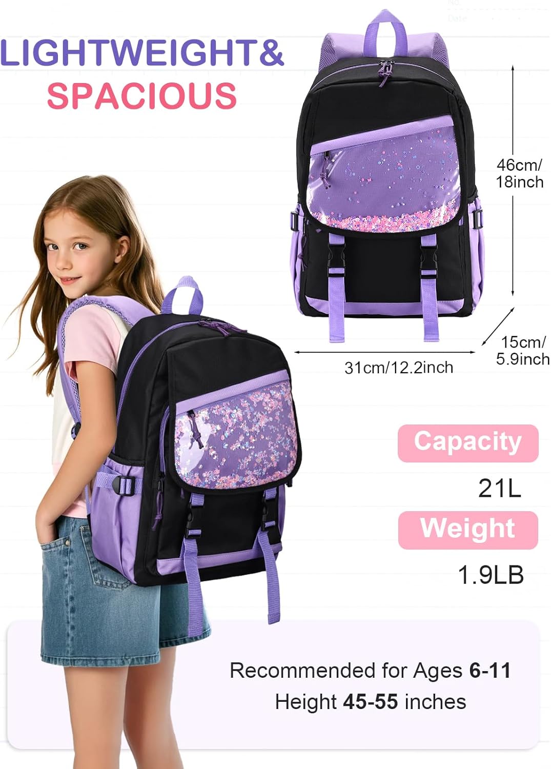 VASCHY Backpack for Girls, Cute Elementary School Bag Bookbag for Primary Schooler Kids with Sparkling Sequin Clear Pocket Black Purple - Image 2