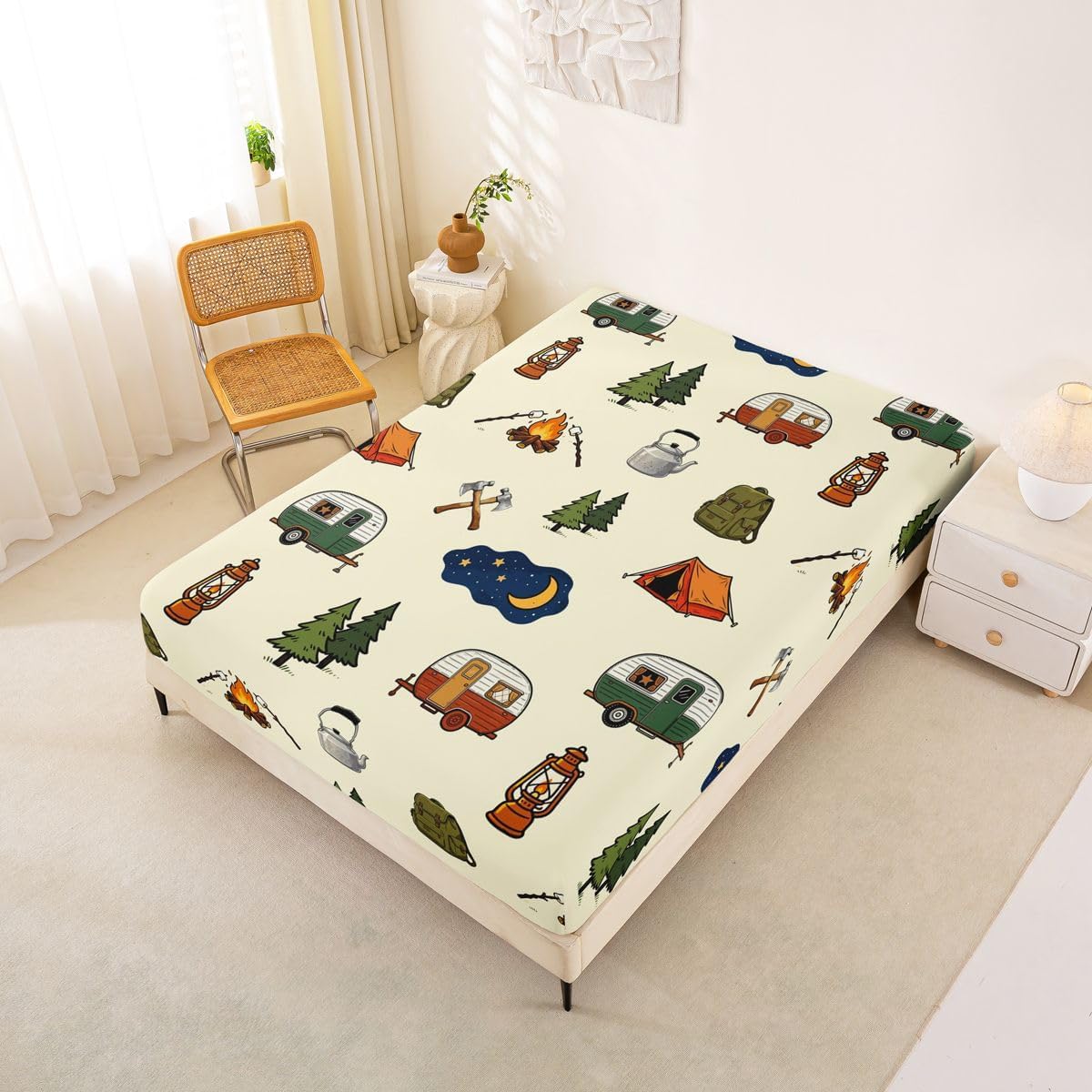 Camping Fitted Sheet Queen Camper Car Rv Bed Sheets Travel Camping Trailer Bedding Set for Kids Boys Girls,Jungle Woodland Travel Bed Cover 3 Pcs