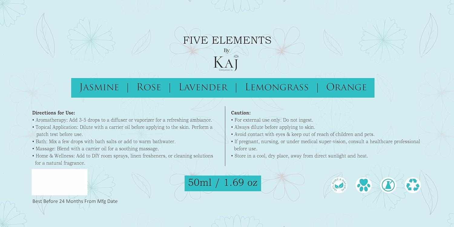 KAJ ORGANICS 100% Natural Essential Oils – Pack of 5 – Lemongrass, Rose, Orange, Jasmine, Lavender – 10ml Each for Skin, Hair & Relaxation, Aromatherapy & Wellness, Diffuser & Massage. KAJ ORGANICS 100% Natural Essential Oils – Pack of 5 – Lemongrass, Rose, Orange, Jasmine, Lavender – 10ml Each for Skin, Hair & Relaxation, Aromatherapy & Wellness, Diffuser & Massage.