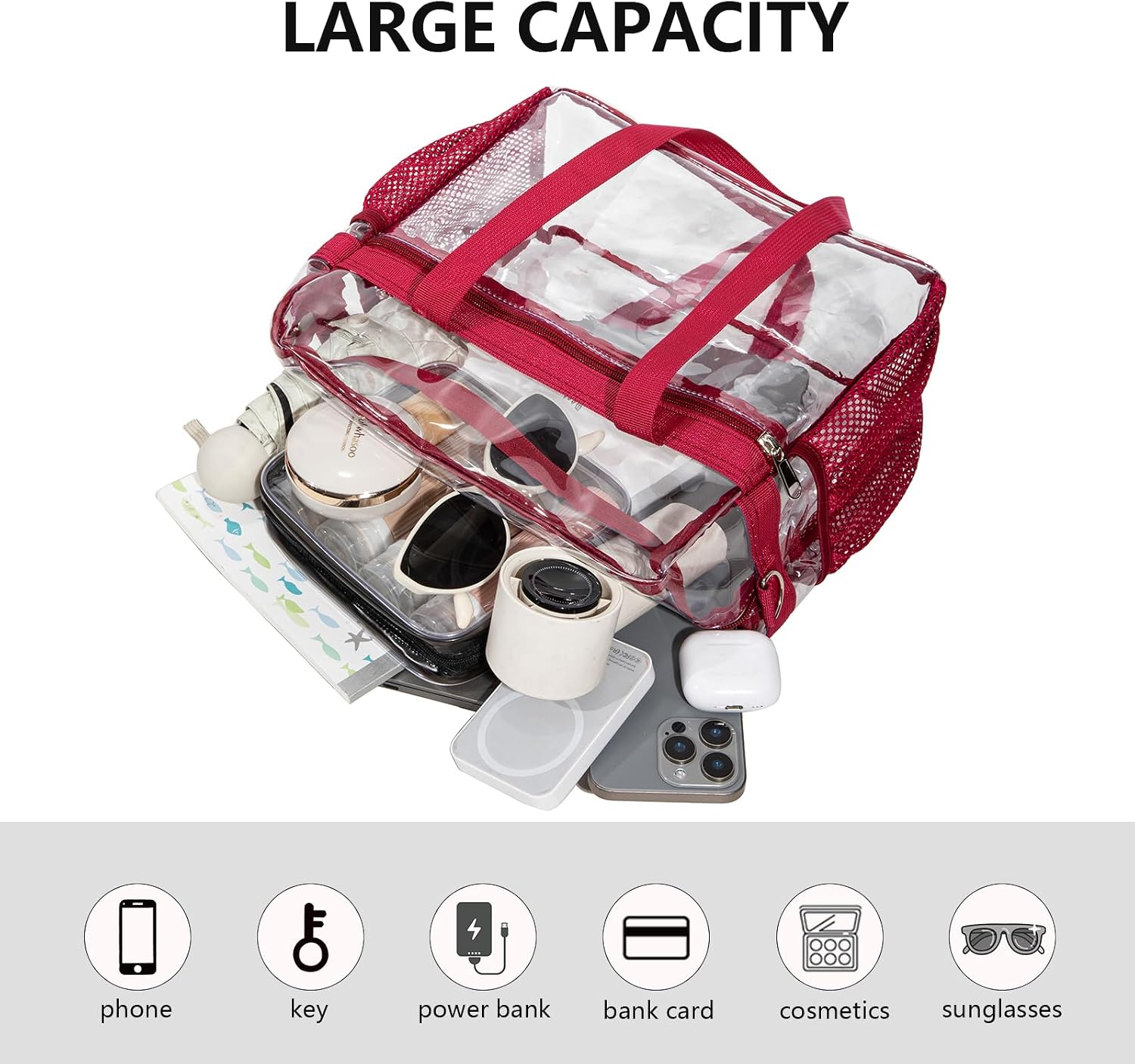 Clear PVC Transparent Tote Bag - Waterproof Clear Crossbody Bag with Adjustable & Removable Strap