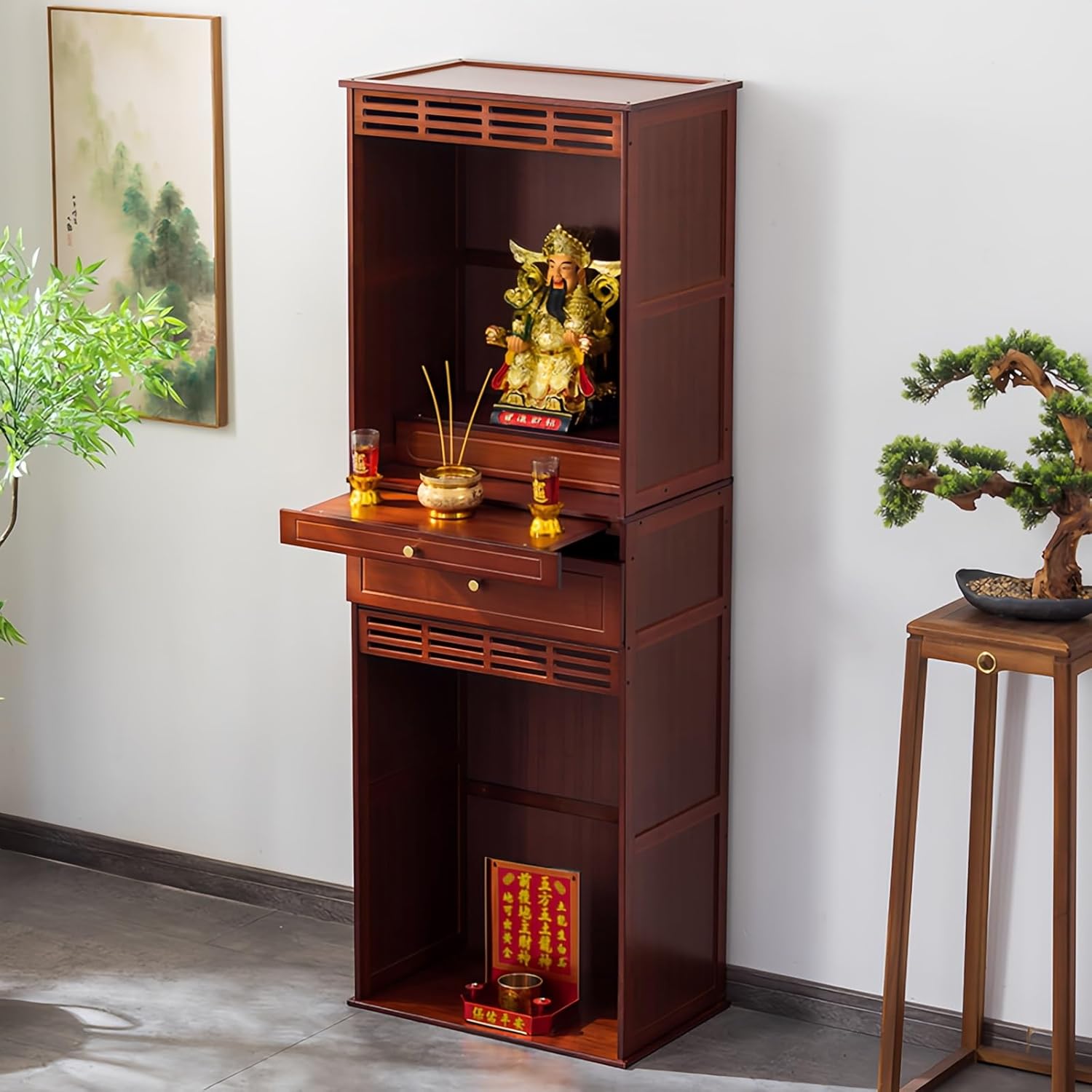 Buddha Altar Table Meditation Altar Cabinet Bamboo Altar Shelf for Spiritual, Altars Storage Cabinet, Shrine Pedestal Offering Table(Red Sandalwood,20in/50cm)
