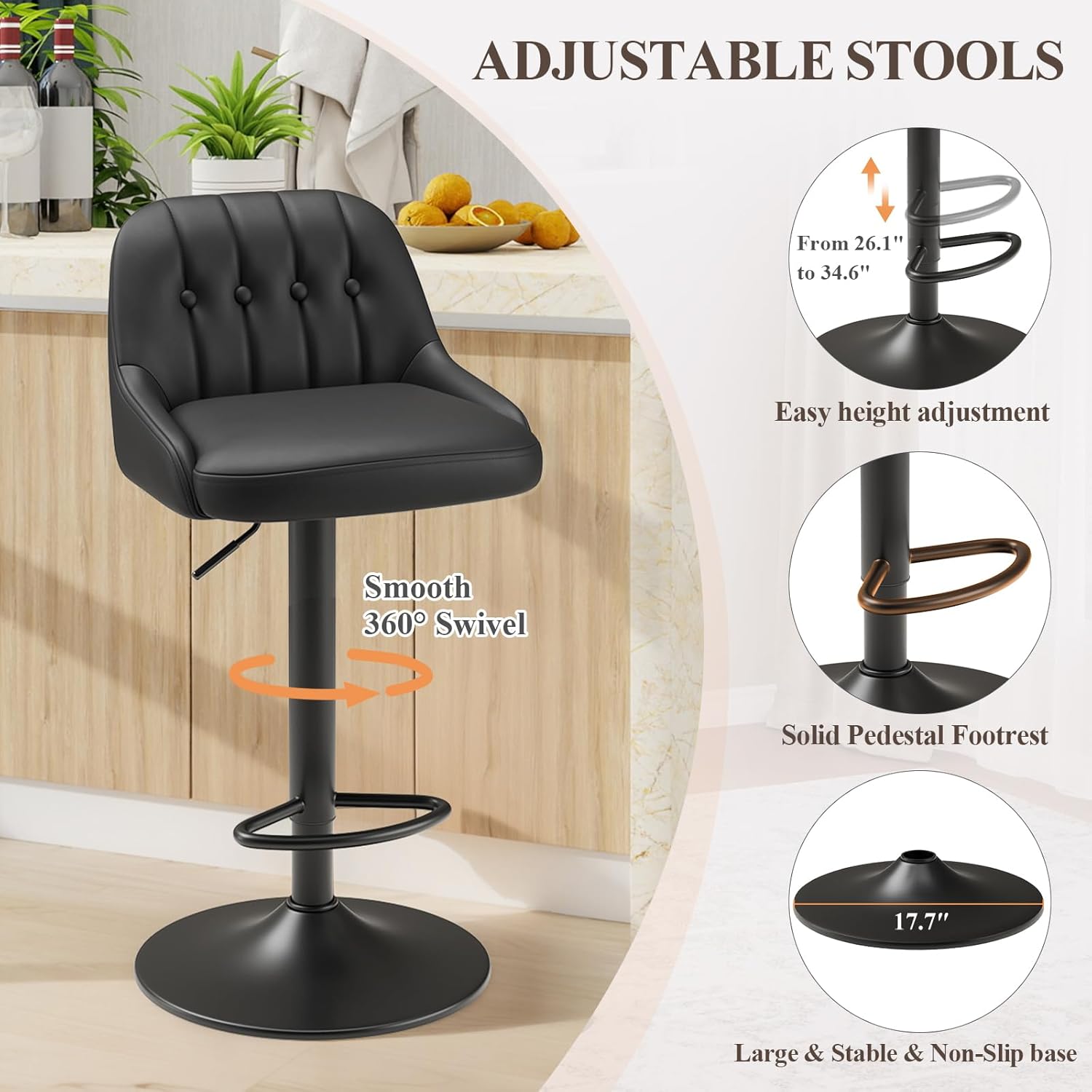 Bar Stools Set of 3, Swivel Bar Chairs, Modern Adjustable PU Leather Upholstered Barstools Counter Height with Tufted Back for Bar, Kitchen Counter Island, Dining Room, Black