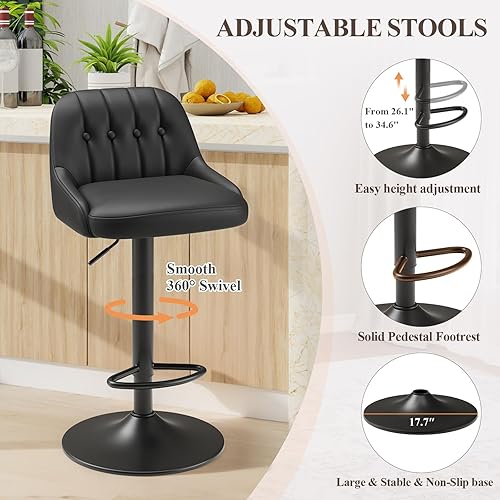 Miniatura 4 de Juego de 4 taburetes de bar, sillas de bar giratorias, modernos taburetes tapizados de piel sintética ajustable, altura de mostrador con respaldo
